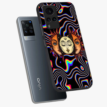 Psychedelic Sun Glass Case displayed in angled mockup highlighting vibrant abstract sun design with artistic aesthetic style.
