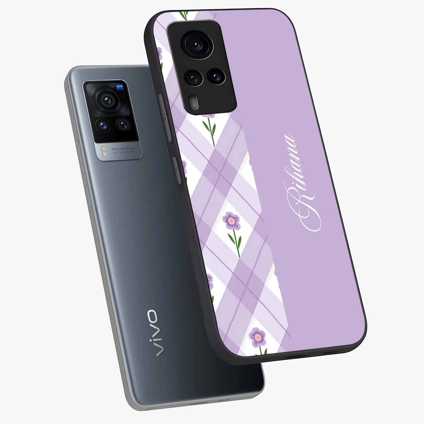 Purple Diamond Floral Glass Case displayed in angled mockup highlighting elegant purple flower design with decorative pattern.