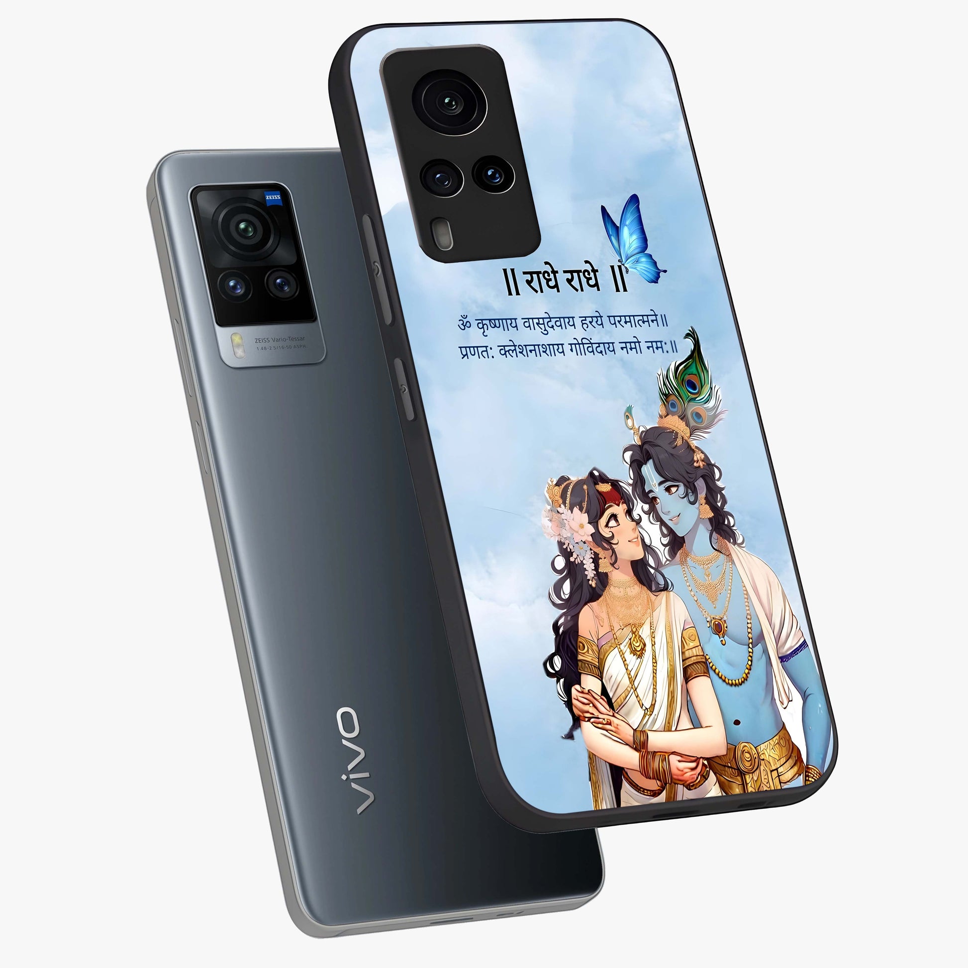 Radha Krishna Eternal Glass Case displayed in angled mockup highlighting divine Radha Krishna illustration with spiritual aesthetic.