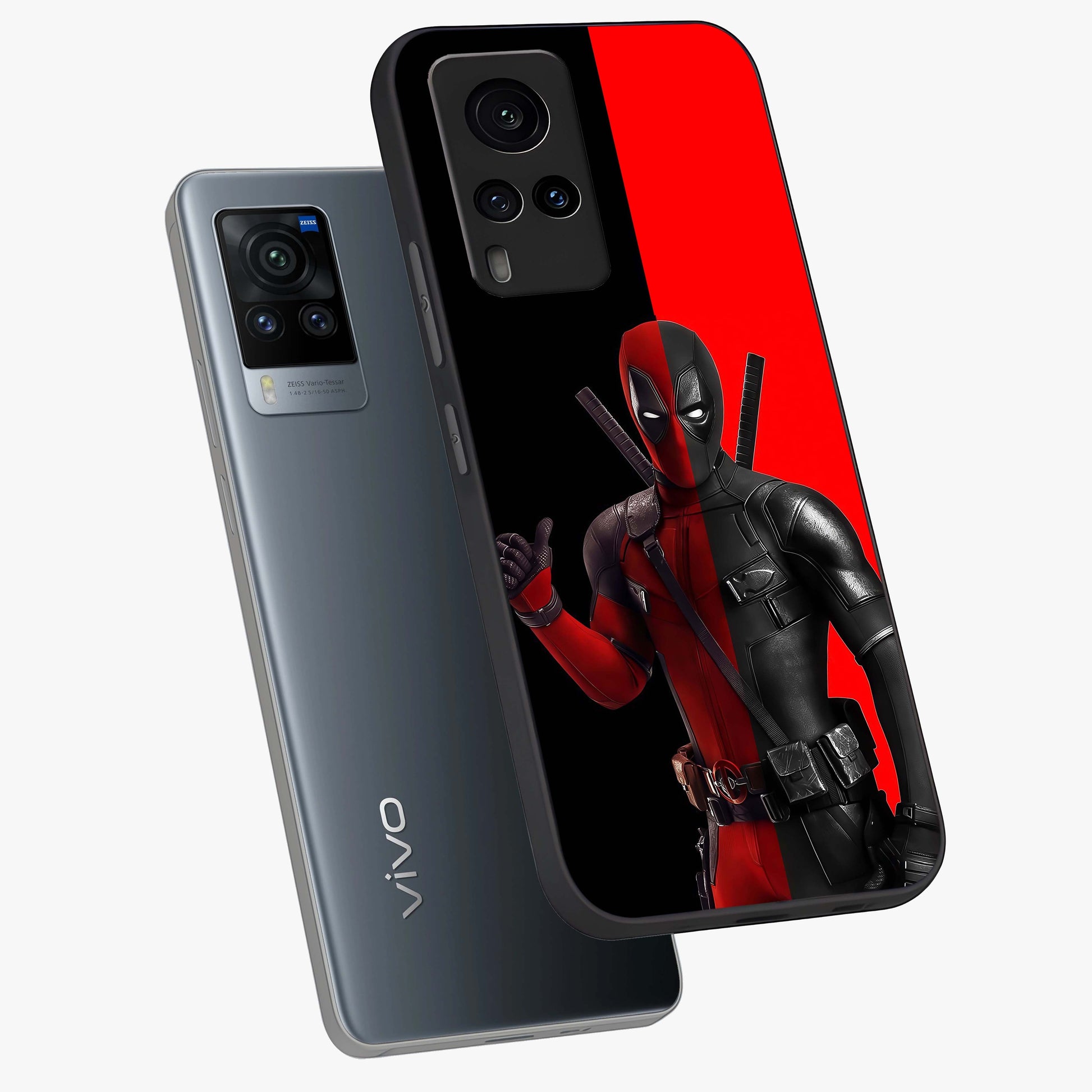 Red & Black Deadpool Theme Glass Case displayed in angled mockup highlighting vibrant superhero style illustration with action aesthetic.