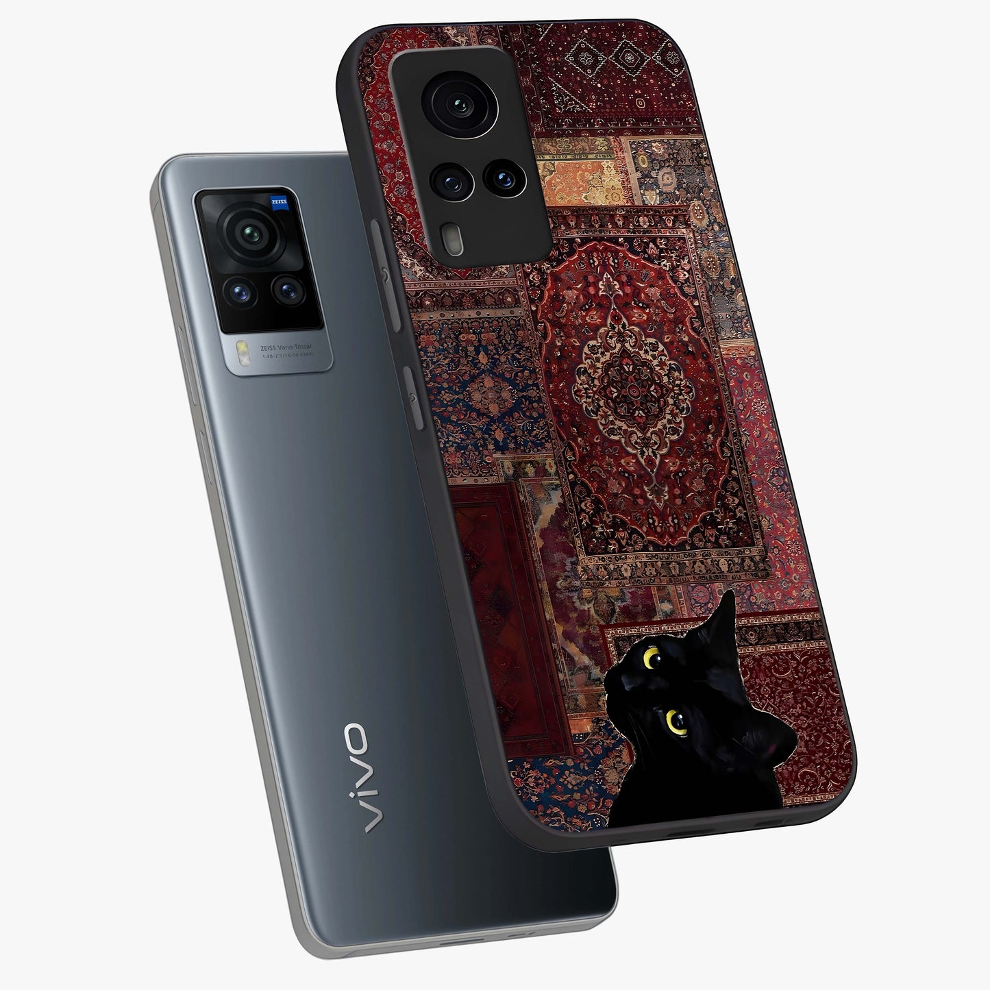 Regal Magic Cat Apple Glass Case displayed in angled mockup highlighting whimsical feline design with fantasy aesthetic.