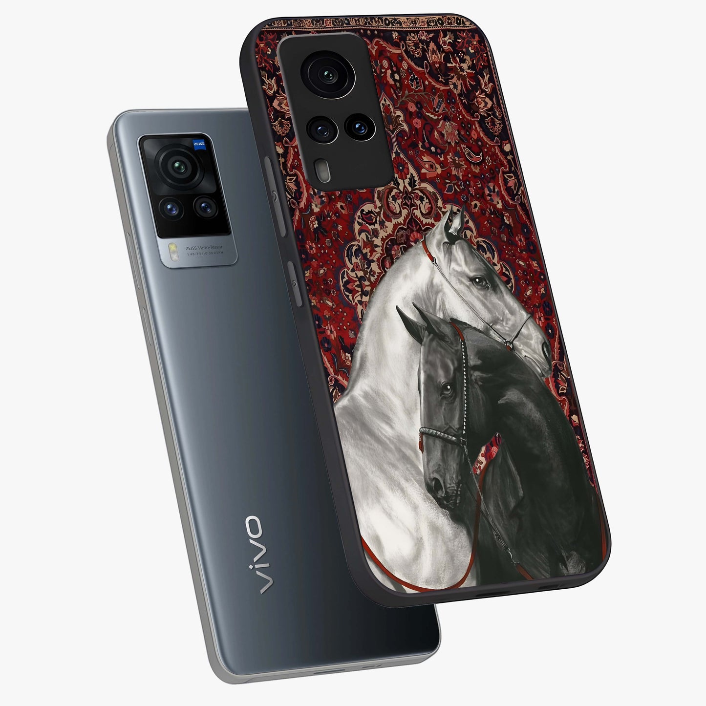 Regal Stallion Tapestry Glass Case displayed in angled mockup highlighting royal stallion design with decorative heritage aesthetic.