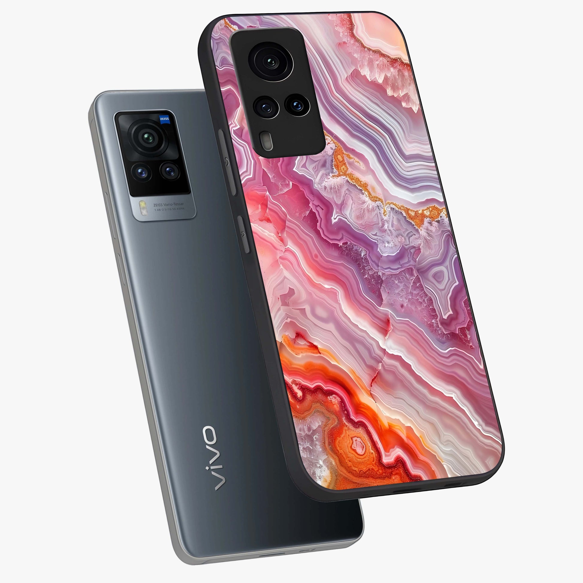 Rose Quartz Marble Glass Case displayed in angled mockup highlighting elegant marble pattern with soft aesthetic style.