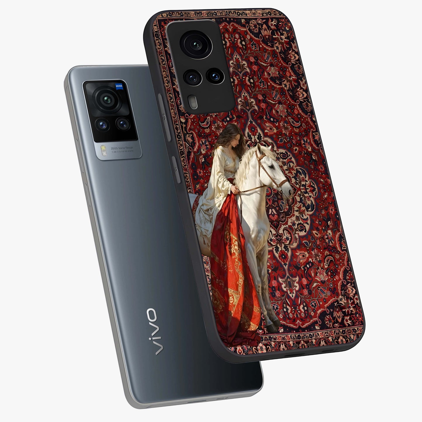 Royal Rider Tapestry Glass Case displayed in angled mockup highlighting traditional tapestry design with royal heritage aesthetic.