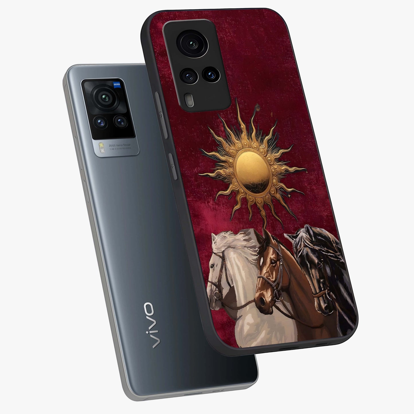 Solar Riders Glass Case displayed in angled mockup highlighting powerful rider illustration with radiant solar aesthetic.