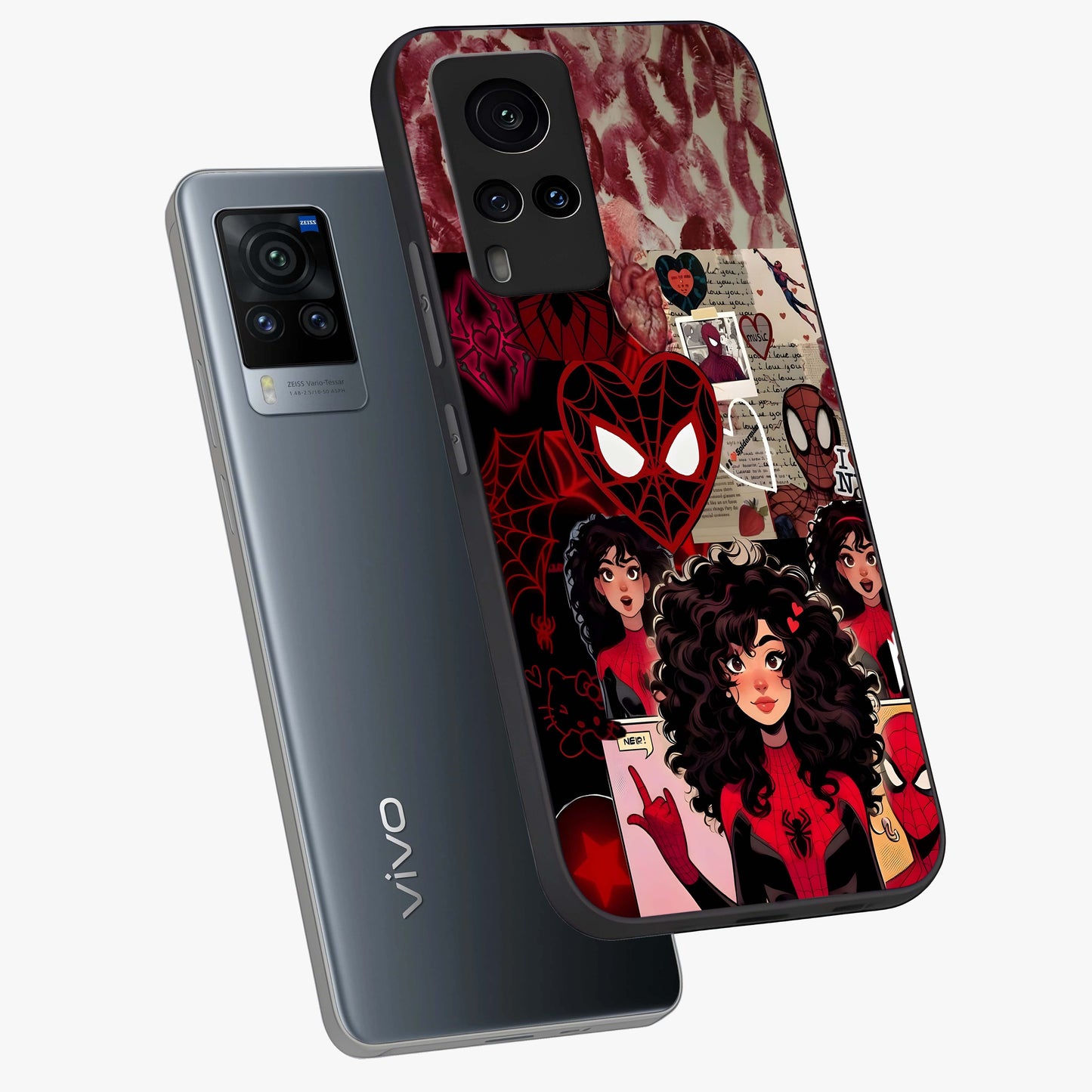 Spider Love Story Glass Case displayed in angled mockup highlighting expressive comic inspired design with playful aesthetic.
