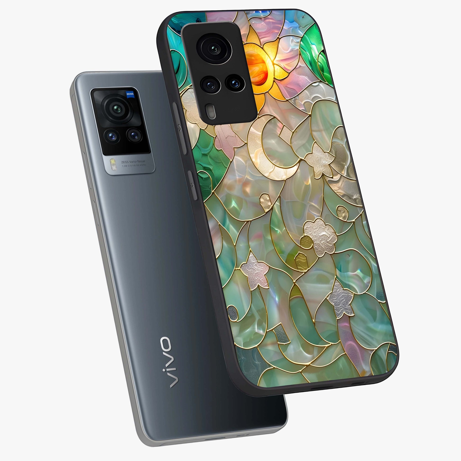 Stained Sunrise Glow Glass Case displayed in angled mockup highlighting radiant sunrise design with artistic aesthetic style.