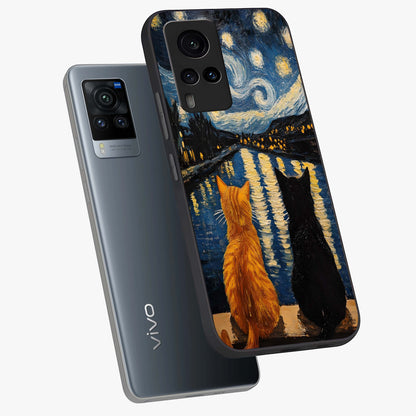 Starry River Cats Glass Case displayed in angled mockup highlighting charming feline illustration with dreamy night aesthetic.