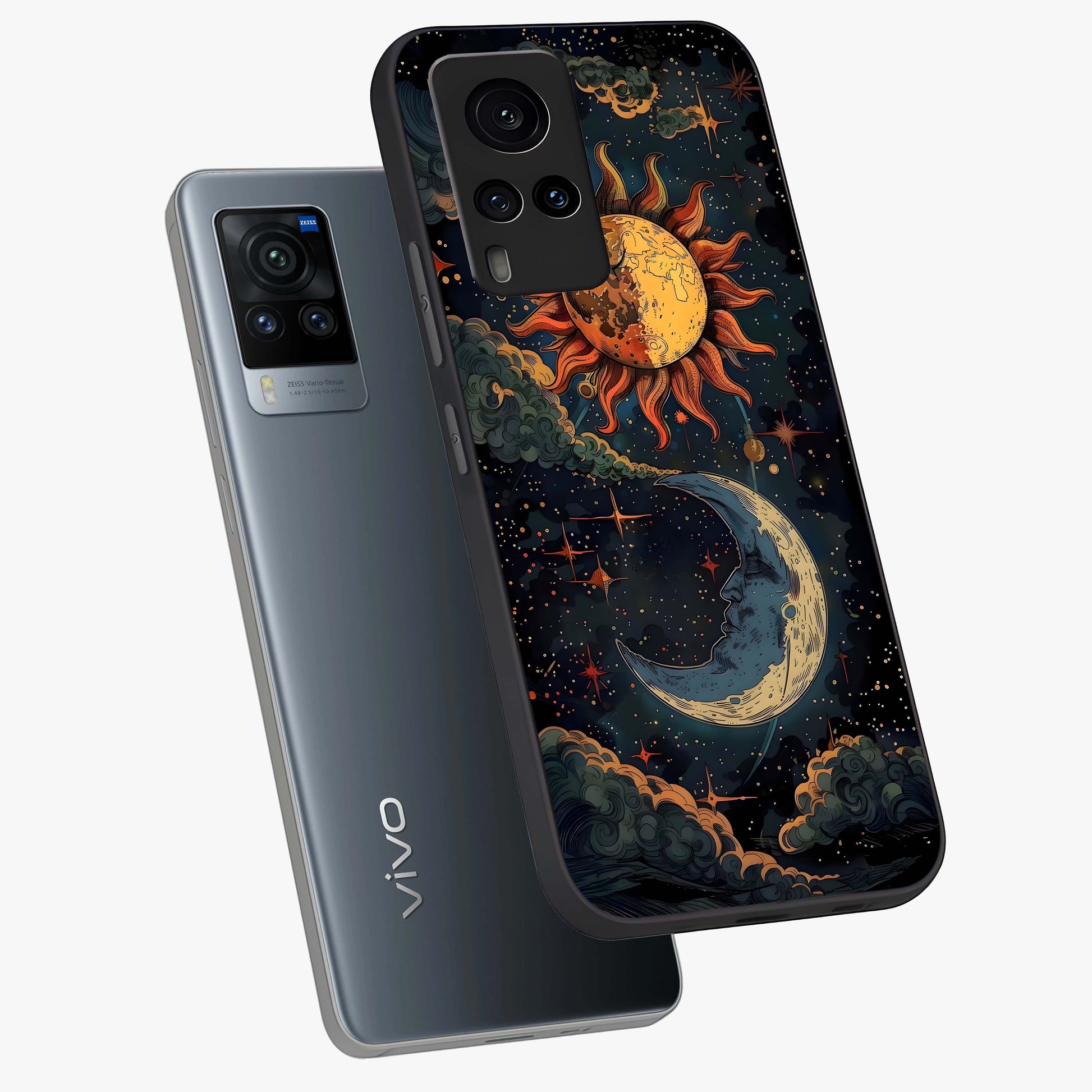 Sun And Moon Magic Design Glass Case displayed in angled mockup highlighting celestial design with magical cosmic aesthetic.