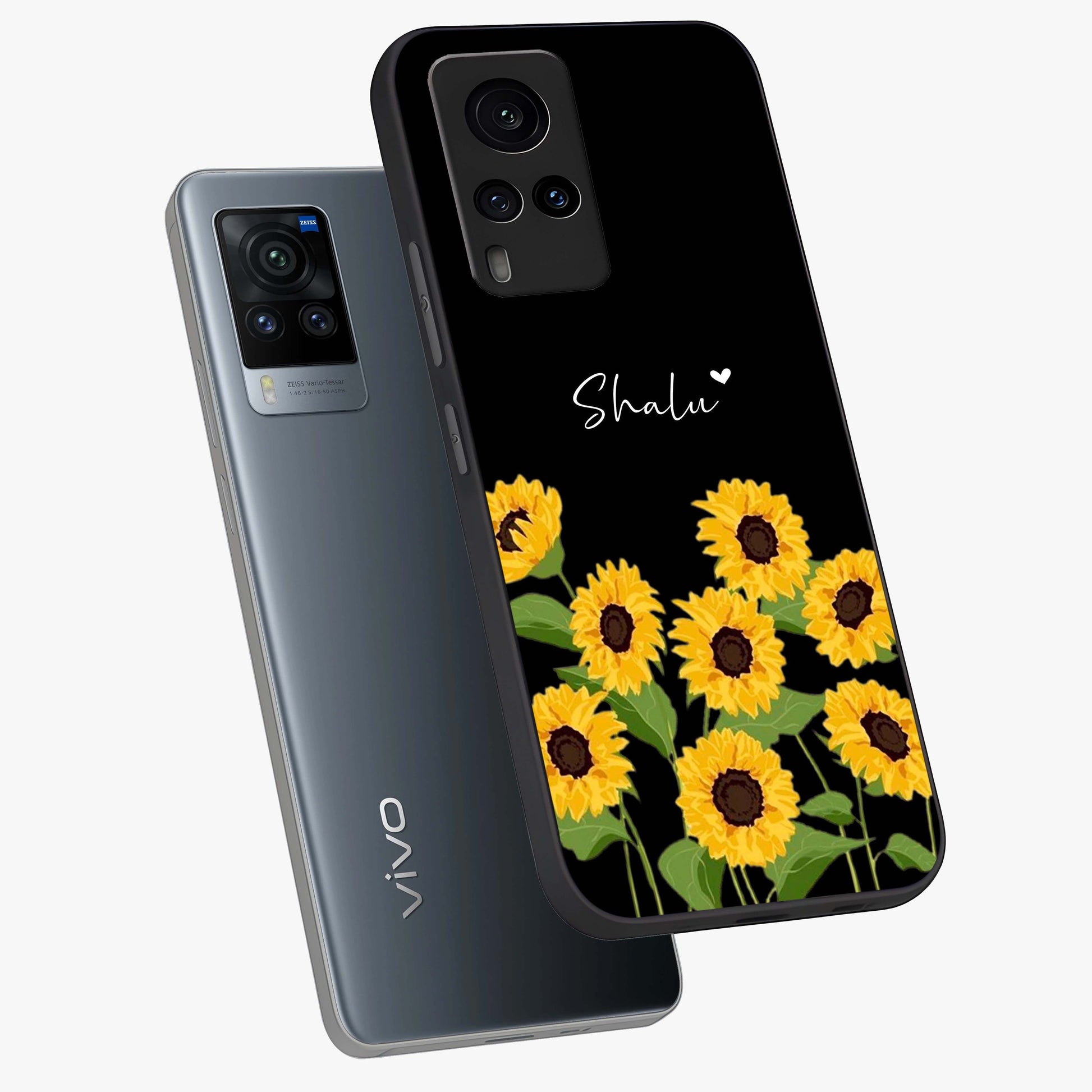 Sunflower Chic Mood Custom Name Glass Case displayed in angled mockup highlighting vibrant sunflower design with custom name feature.
