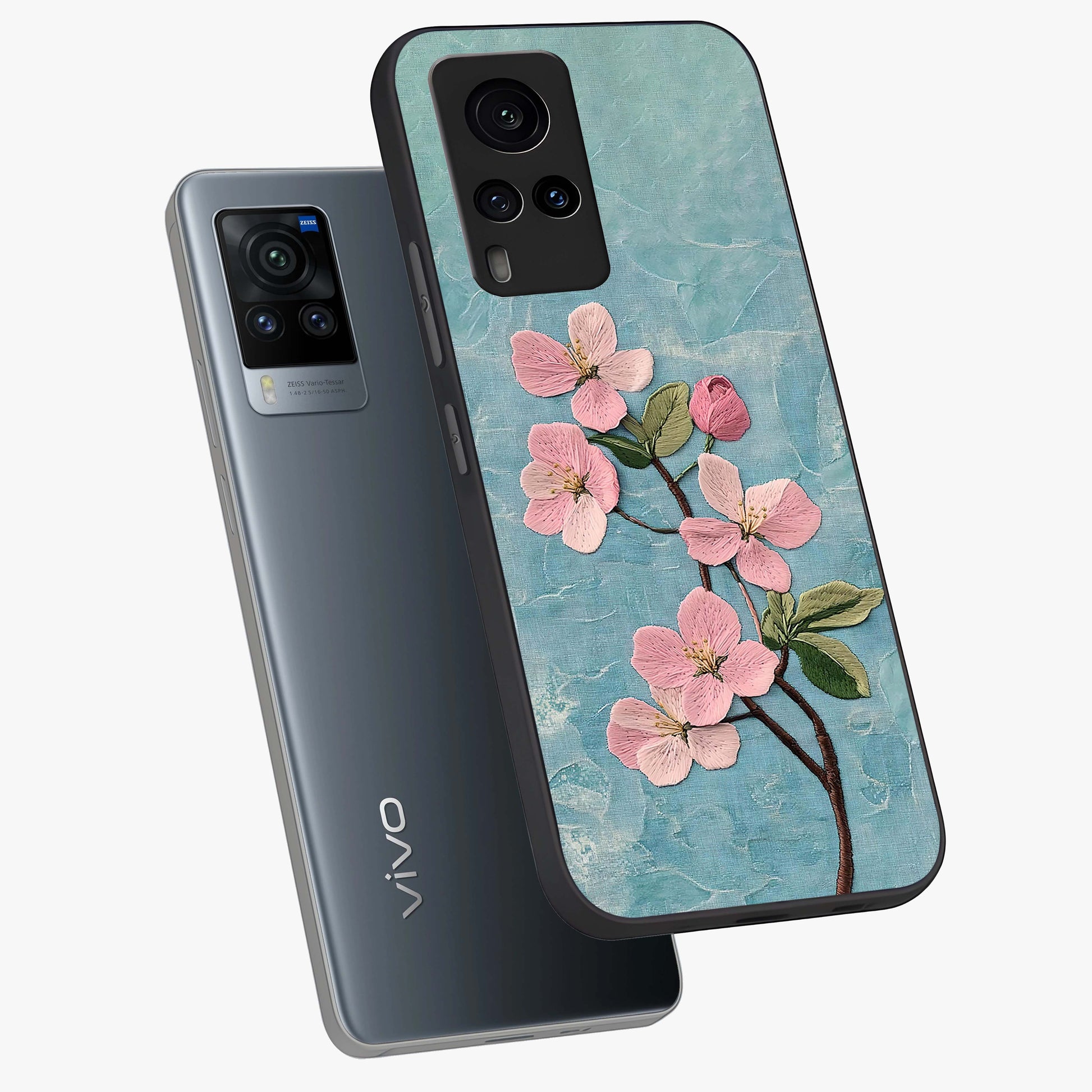 Threaded Blossom Breeze Glass Case displayed in angled mockup highlighting elegant floral design with soft aesthetic style.