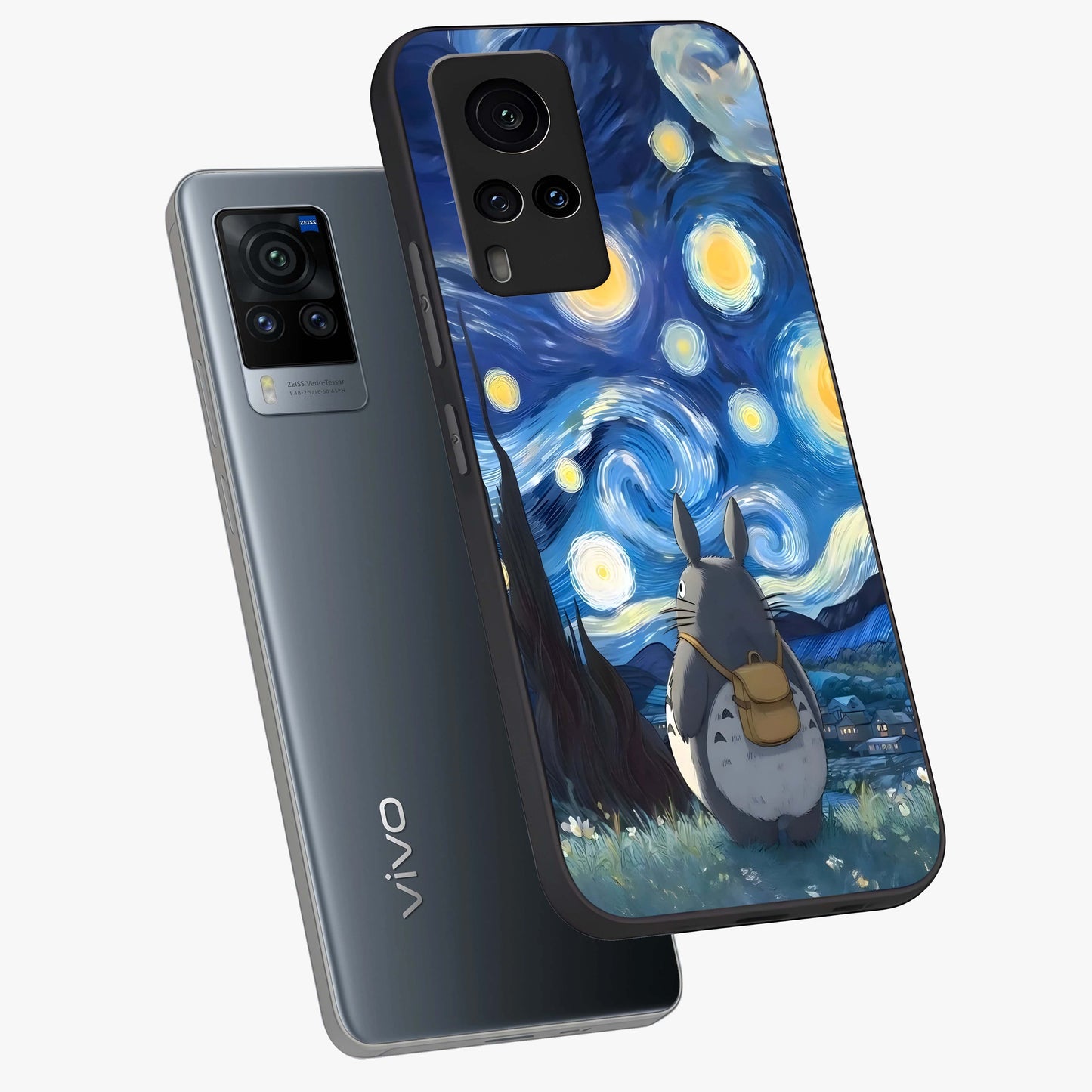 Totoro In Van Gogh Art Glass Case displayed in angled mockup highlighting artistic swirling sky design with playful animation aesthetic.