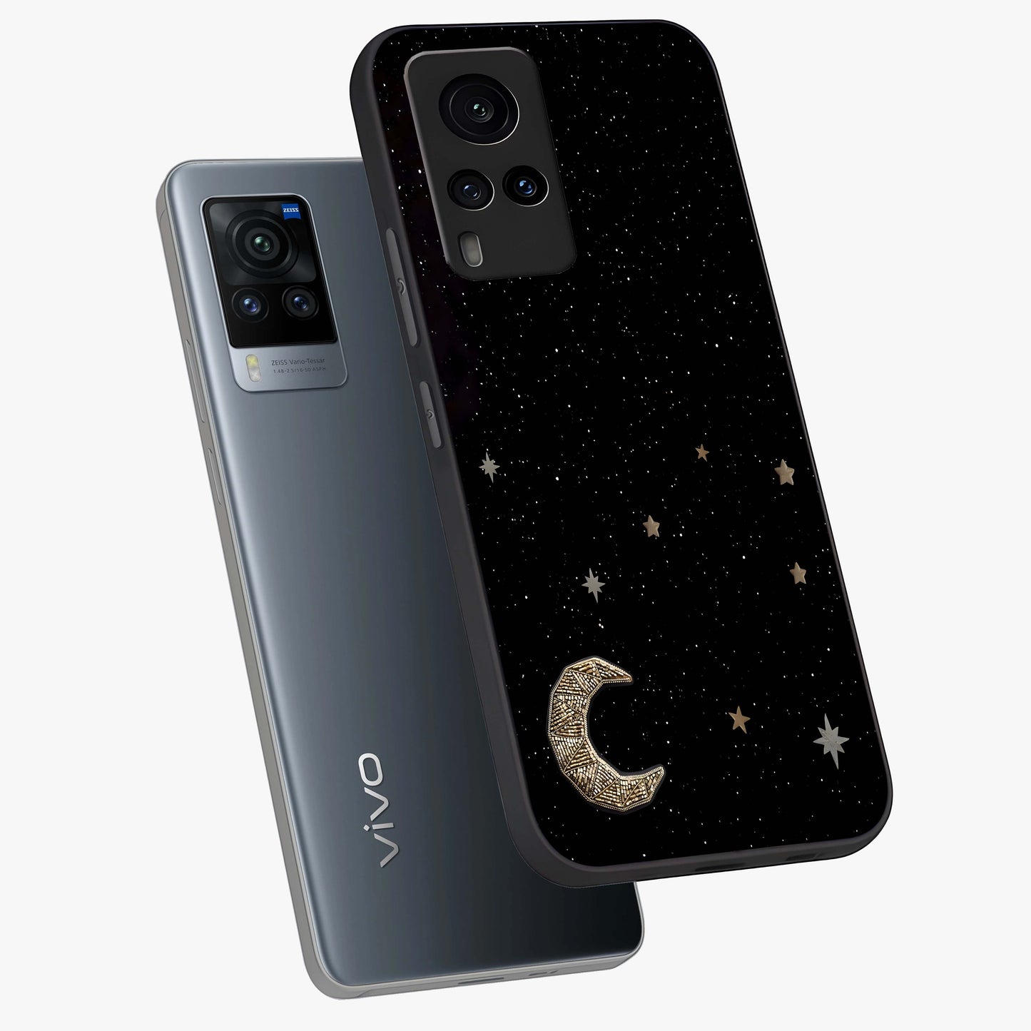 Twinkle Star With Half Moon Glass Case displayed in angled mockup highlighting celestial moon and star design with magical aesthetic.