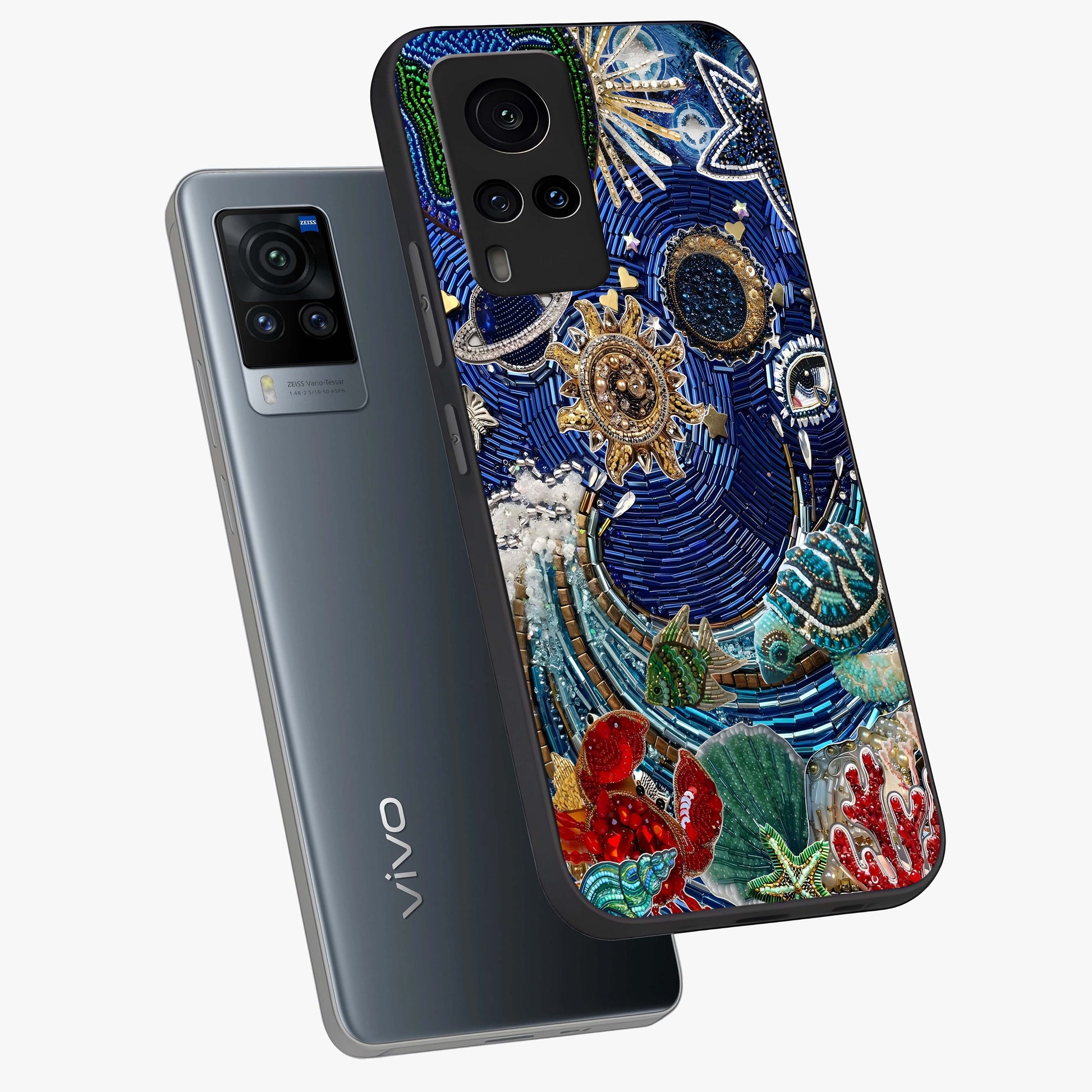 Universe Underwater Spark Glass Case displayed in angled mockup highlighting glowing aquatic design with celestial aesthetic.