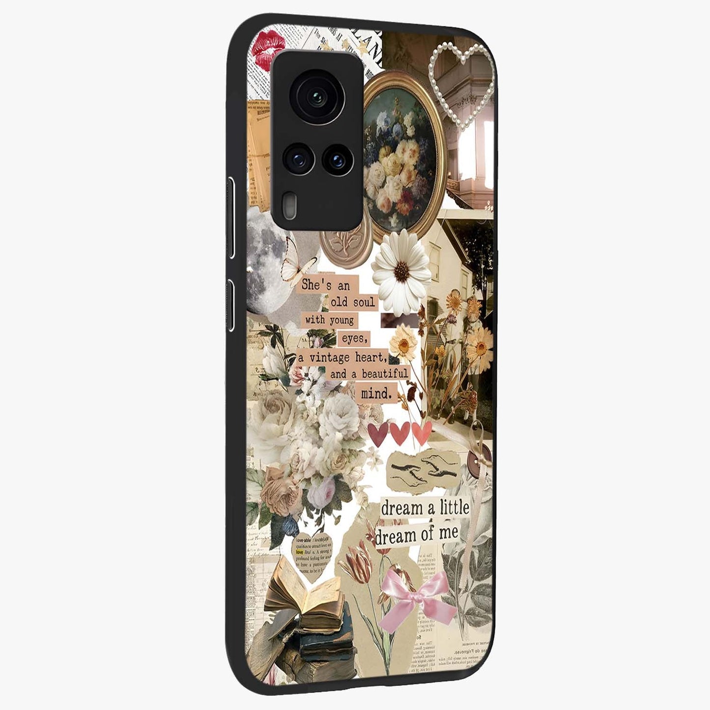 Aesthetic Brown Vintage Collage Glass Case upright view showcasing nostalgic retro artwork with stylish vintage theme.