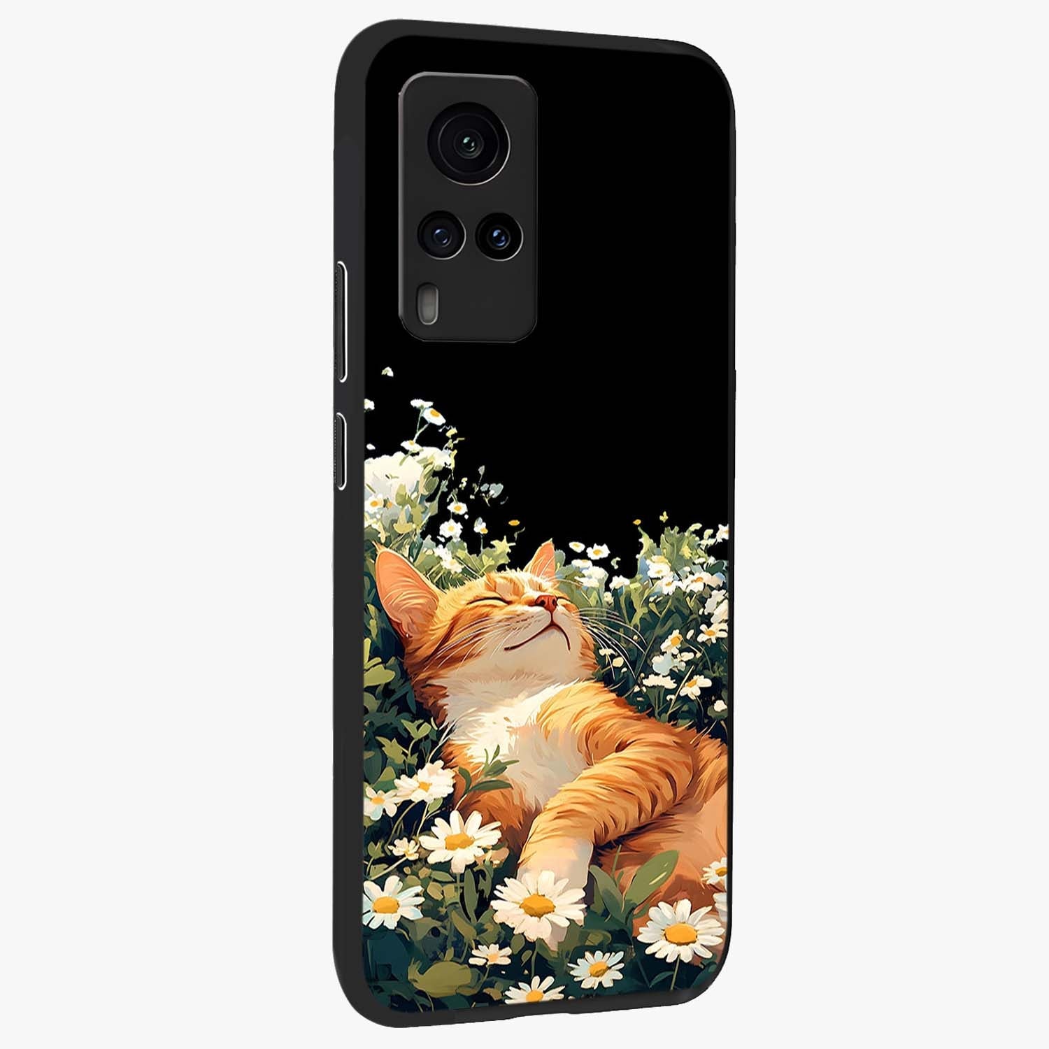 Blissful Bloom Cat Glass Case upright view showcasing charming cat design surrounded by blooming floral elements.