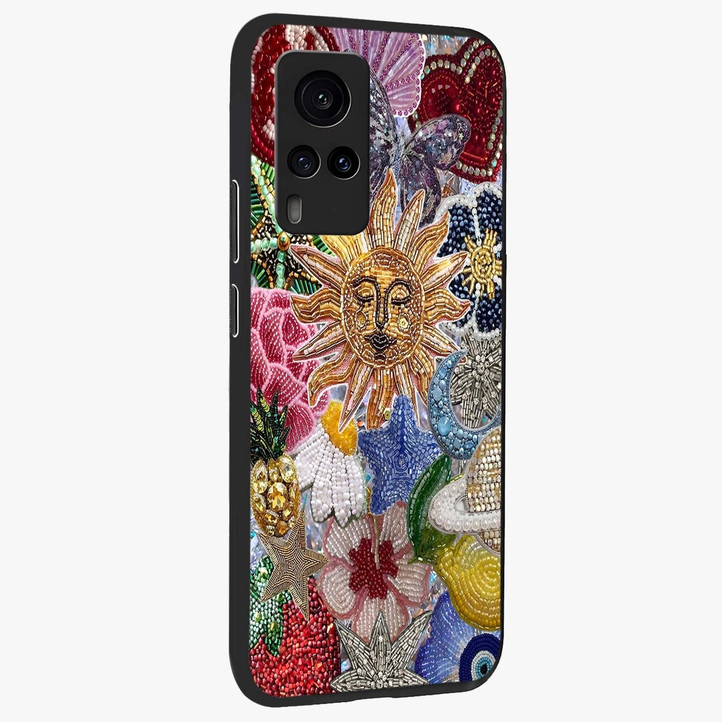 Celestial Floral and Playful Glass Case upright view showcasing whimsical floral artwork with cosmic aesthetic theme.