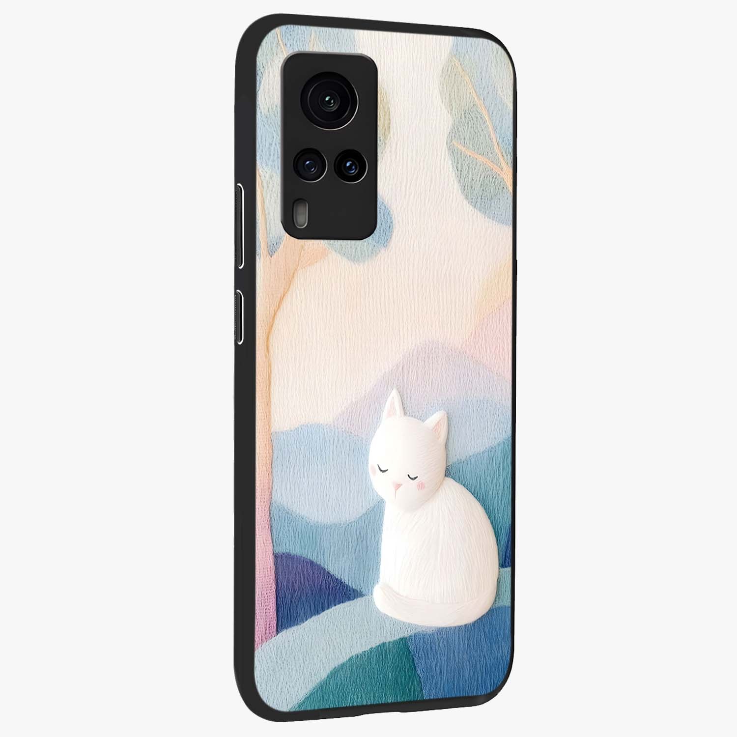 Cotton Dream Cat Glass Case upright view showcasing charming cat artwork with cozy dreamy theme.