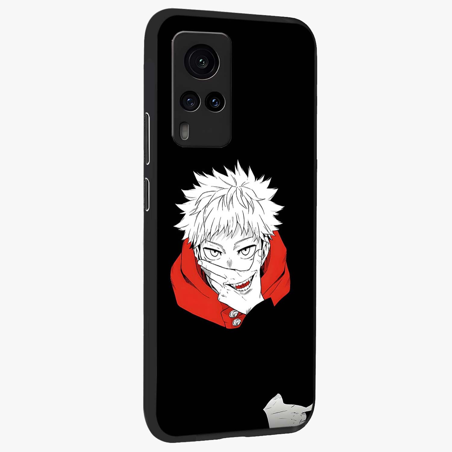 Crimson Chaos Smile Glass Case upright view showcasing expressive chaotic artwork with striking visual theme.