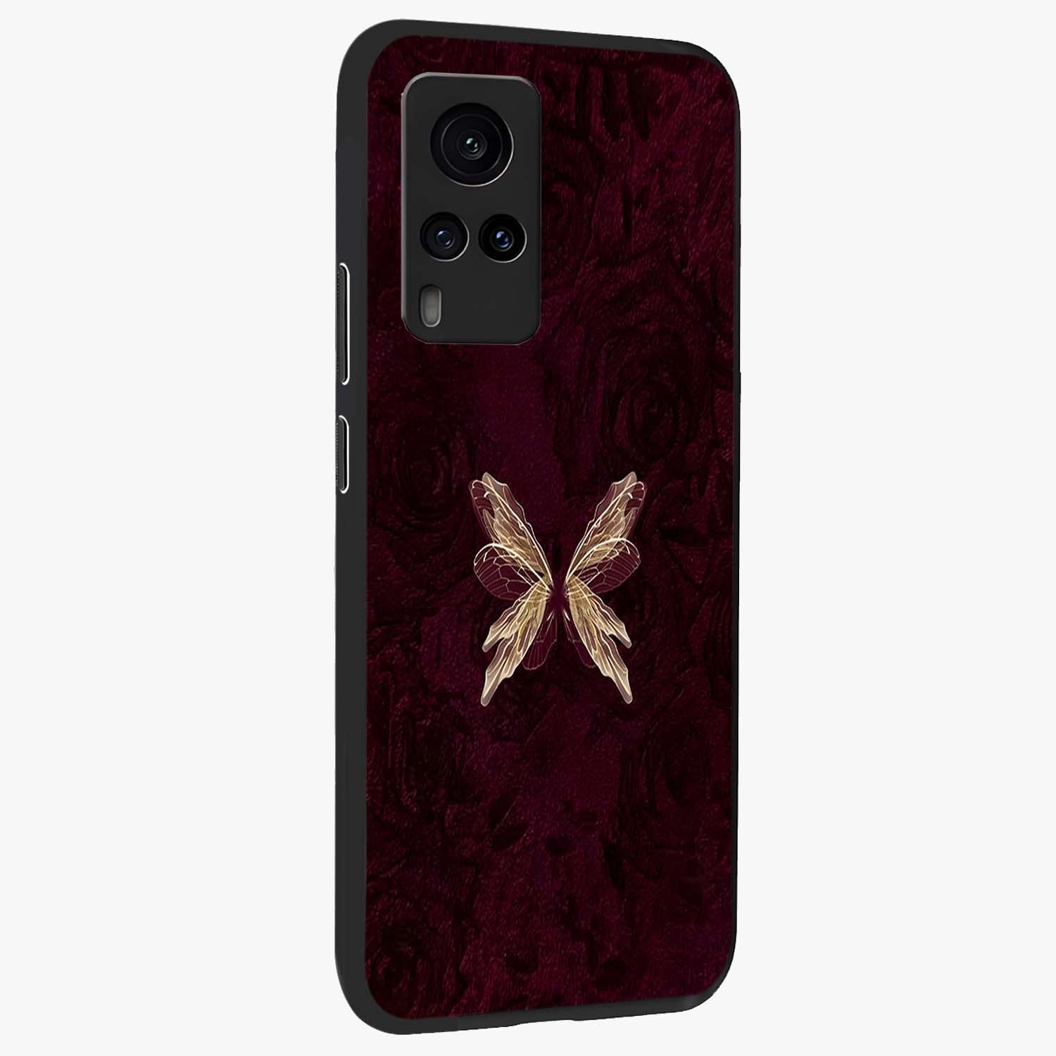 Crimson Fade Butterfly Glass Case upright view showcasing graceful butterfly artwork with soft crimson fade effect.