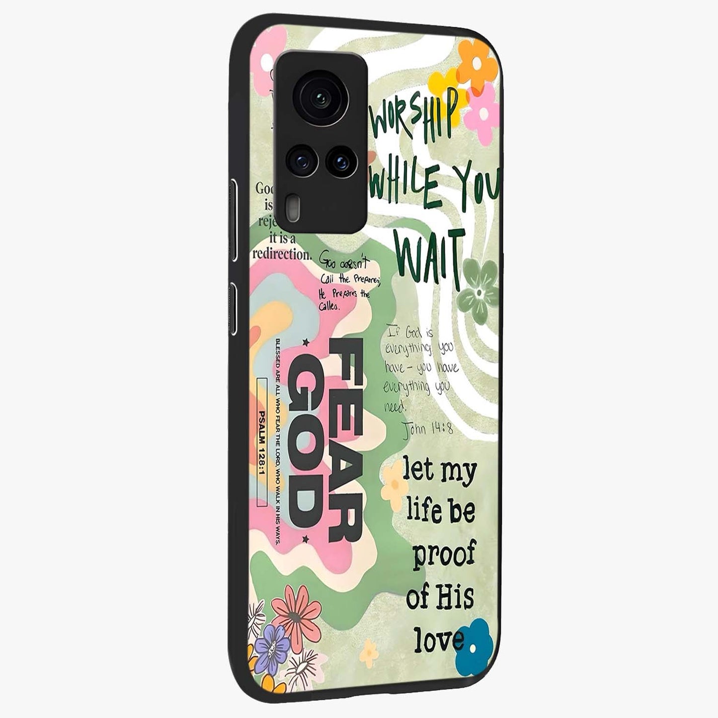 Faith Over Fear Glass Case upright view showcasing bold typography artwork with uplifting motivational theme.