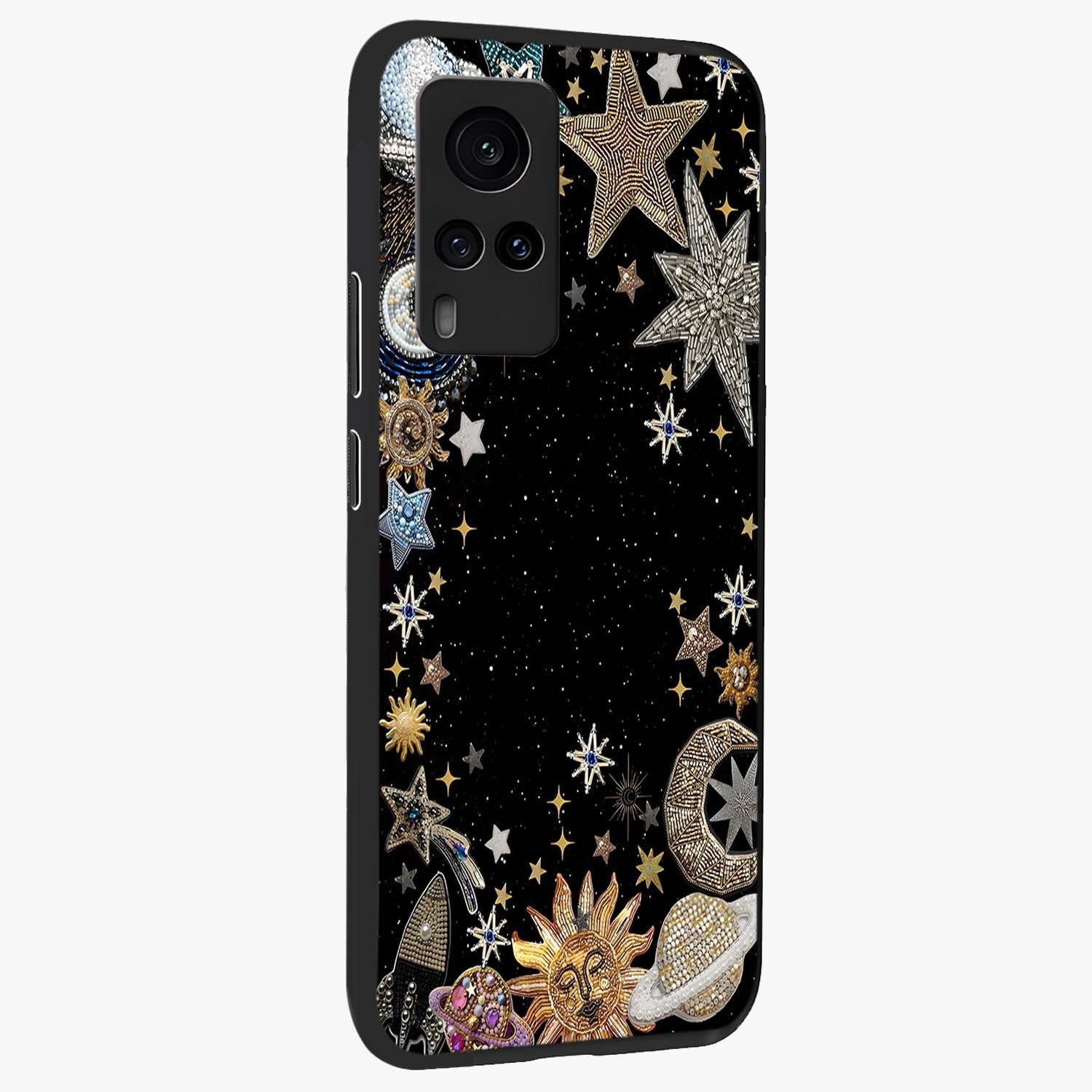 Galactic Jewel Stars Glass Case upright view showcasing glittering star jewel artwork with vibrant galaxy theme.
