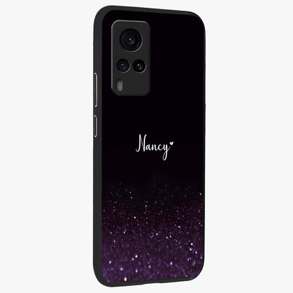 Glittery Purple Bokeh Custom Name Glass Case upright view showcasing vibrant purple sparkle artwork with personalized aesthetic style.