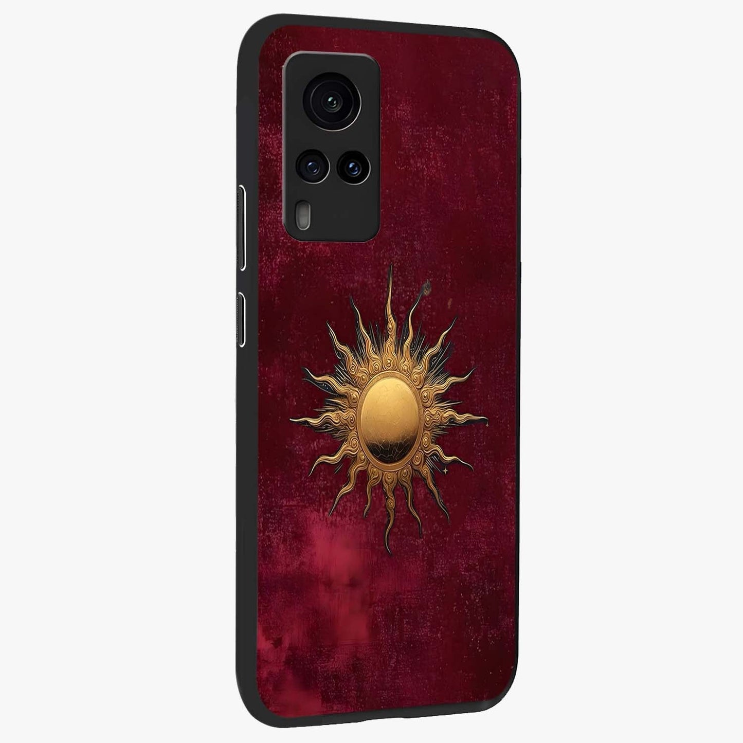 Golden Sun Minimalism Glass Case upright view showcasing simple golden sun artwork with elegant minimalist style.