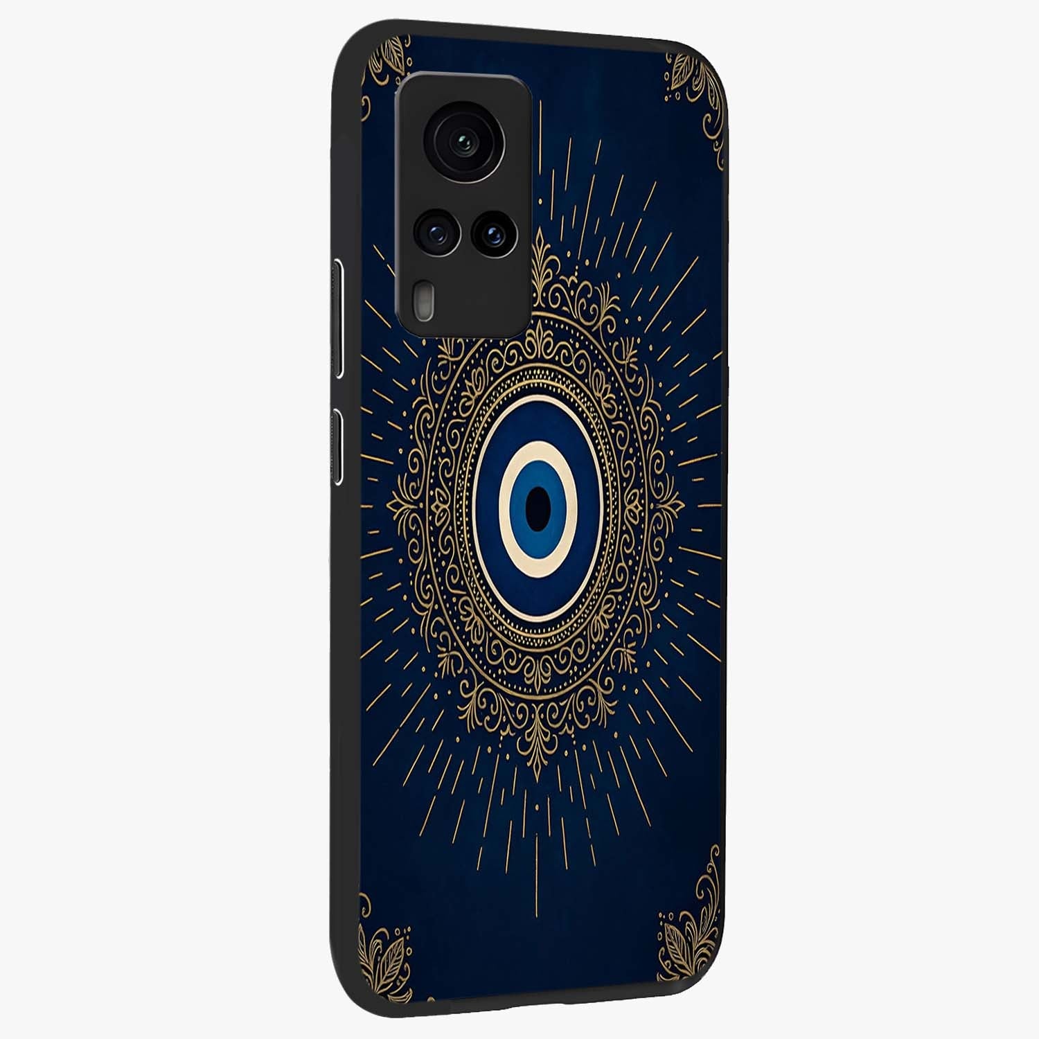 Golden Celestial Charm Glass Case upright view showcasing radiant celestial artwork with elegant golden theme.