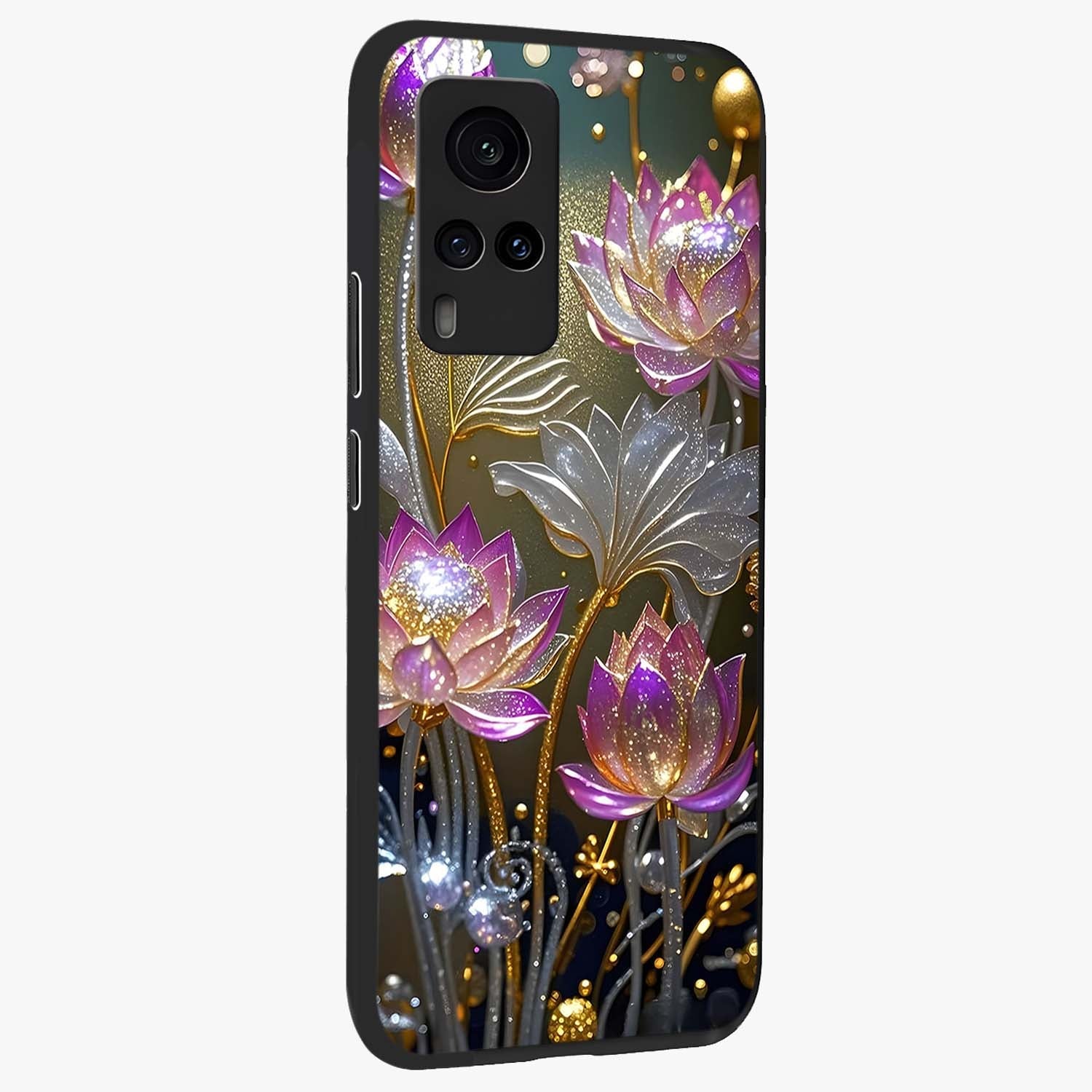 Golden Floral Majesty Glass Case upright view showcasing majestic floral artwork with rich decorative theme.