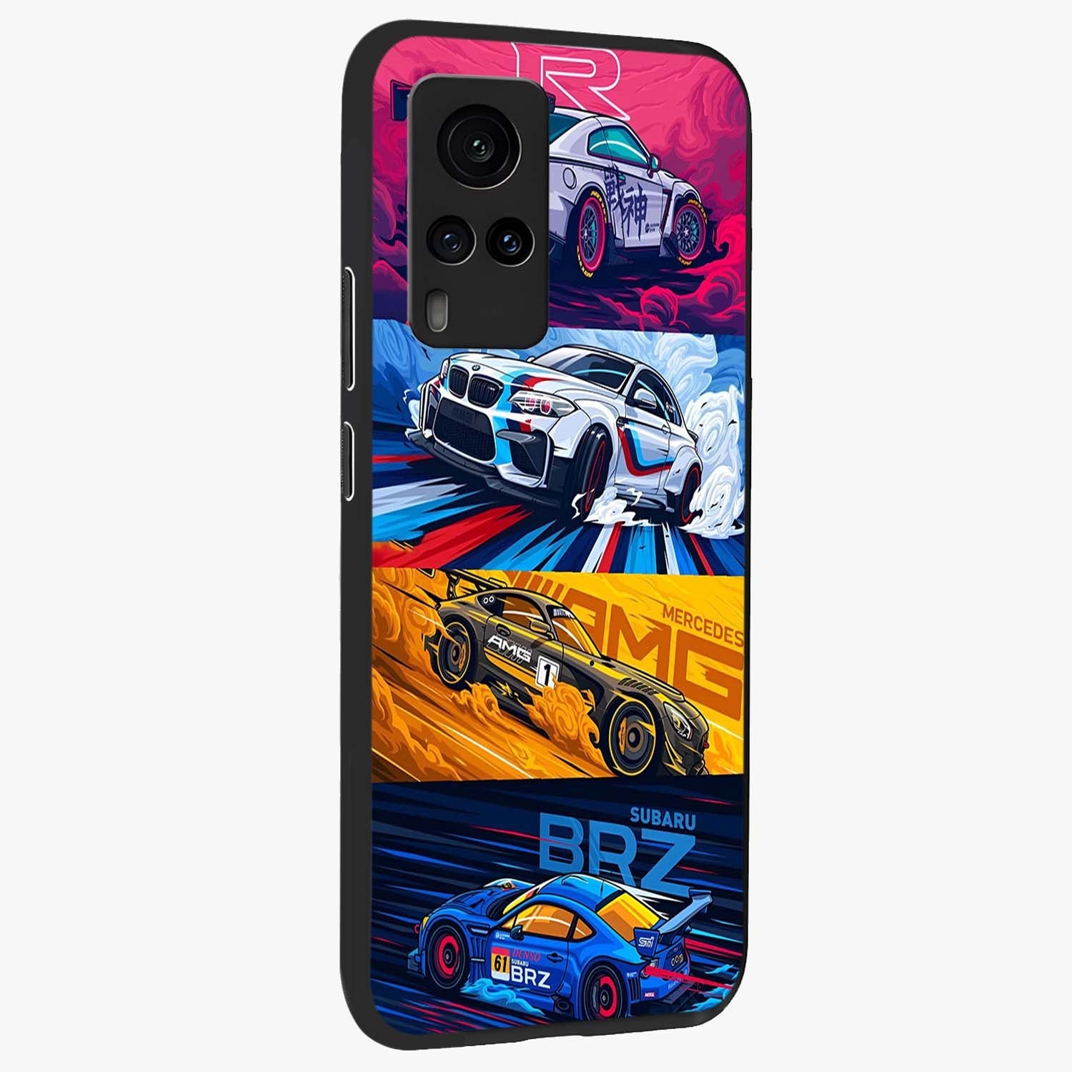 JDM Sports Car Glass Case upright view showcasing dynamic sports car artwork with bold racing theme.