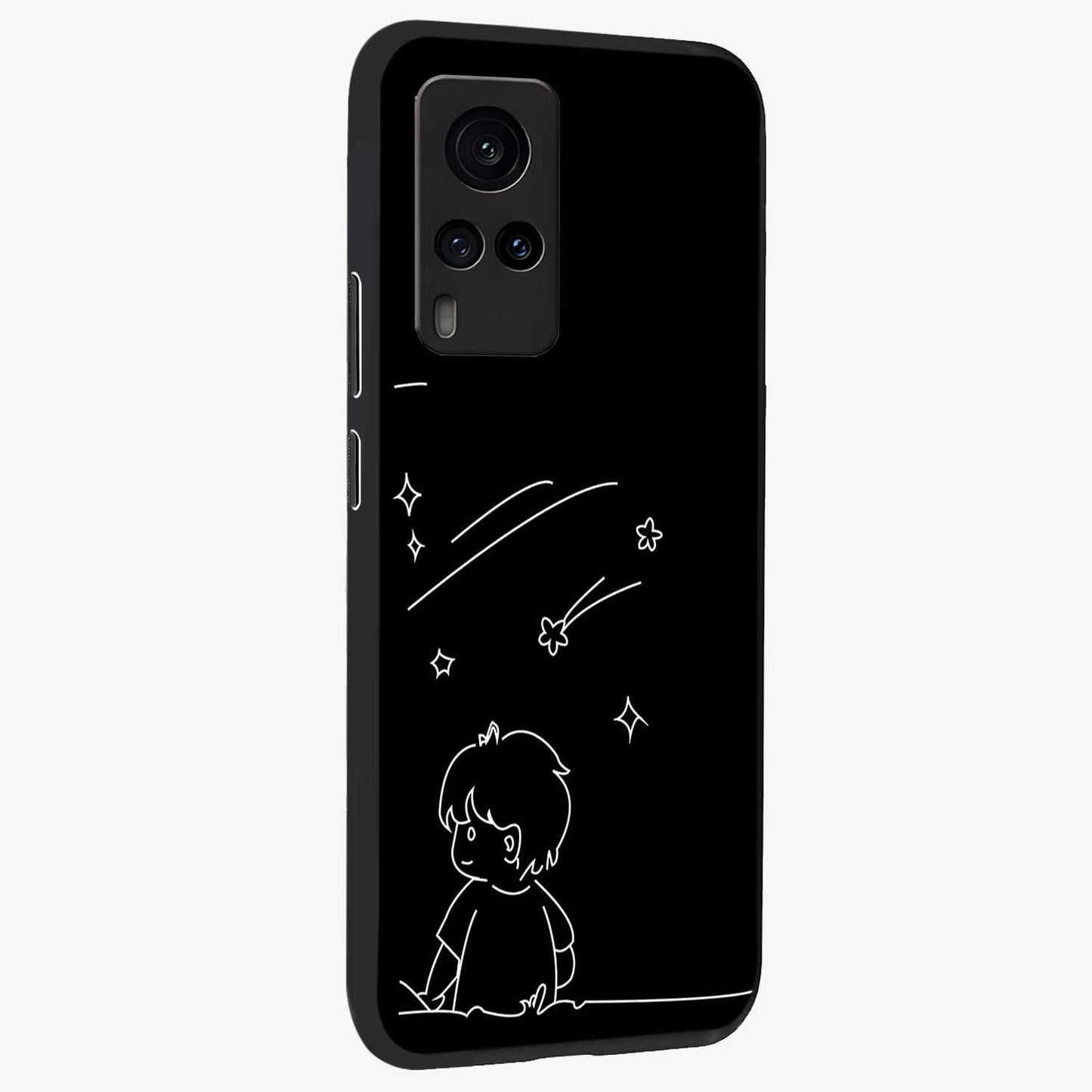 Line Art Boy With Shooting Stars Glass Case upright view showcasing artistic shooting star illustration with minimal style.