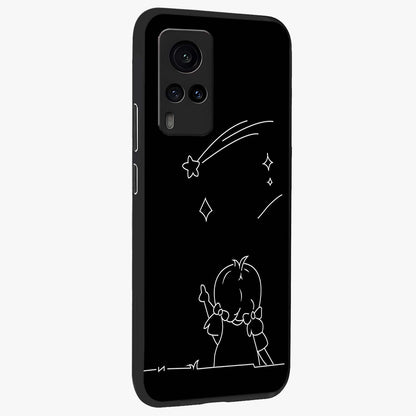Line Art Girl With Shooting Stars Glass Case upright view showcasing delicate shooting stars artwork with minimal artistic theme.