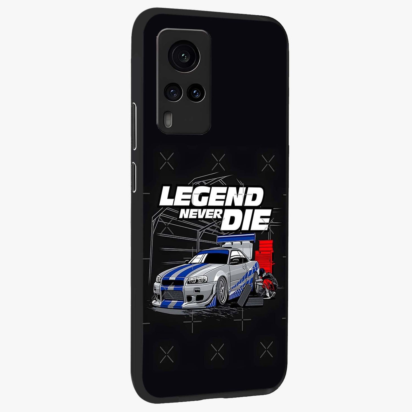 Midnight Racing Legacy Glass Case upright view showcasing powerful racing artwork with modern sports theme.