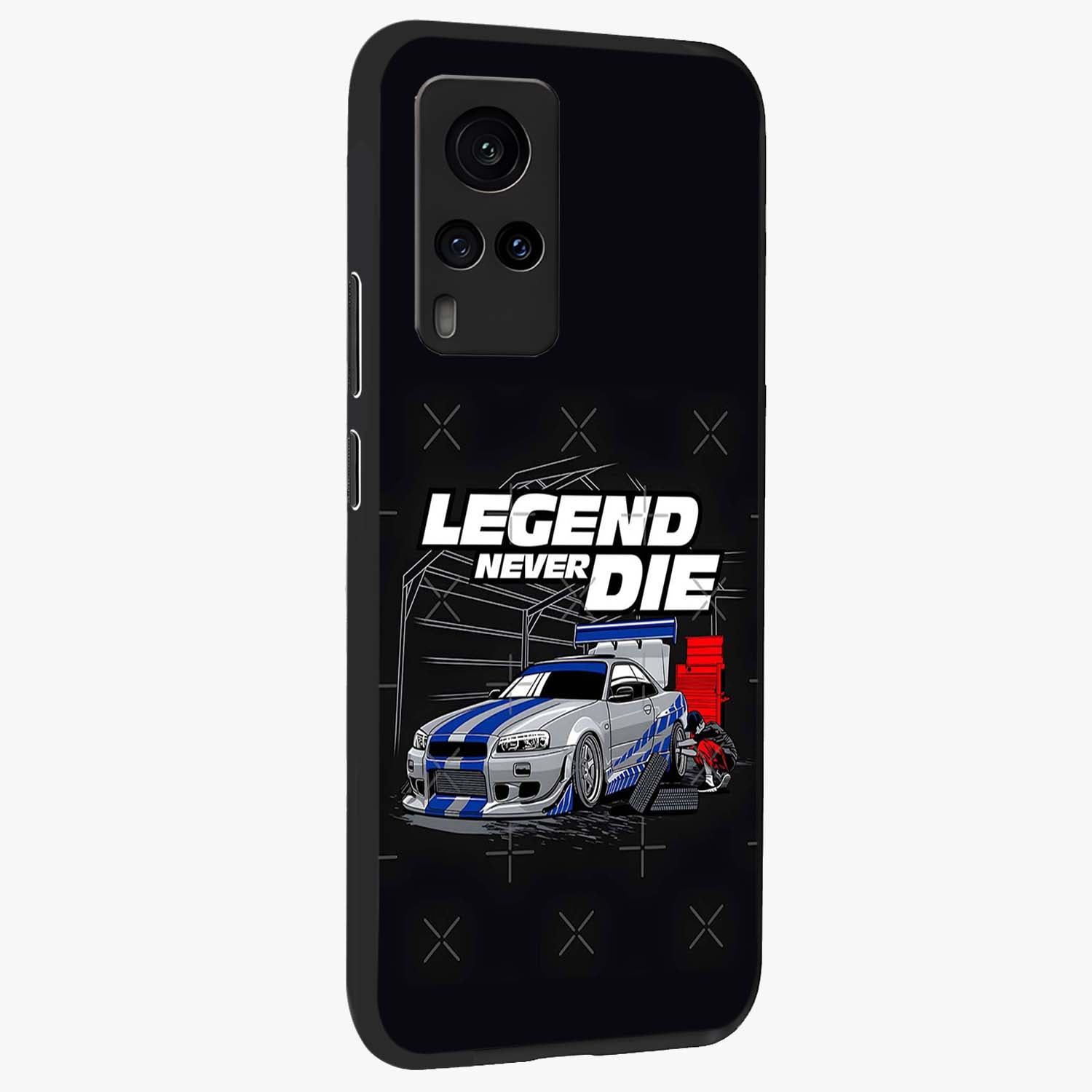 Midnight Racing Legacy Glass Case upright view showcasing powerful racing artwork with modern sports theme.