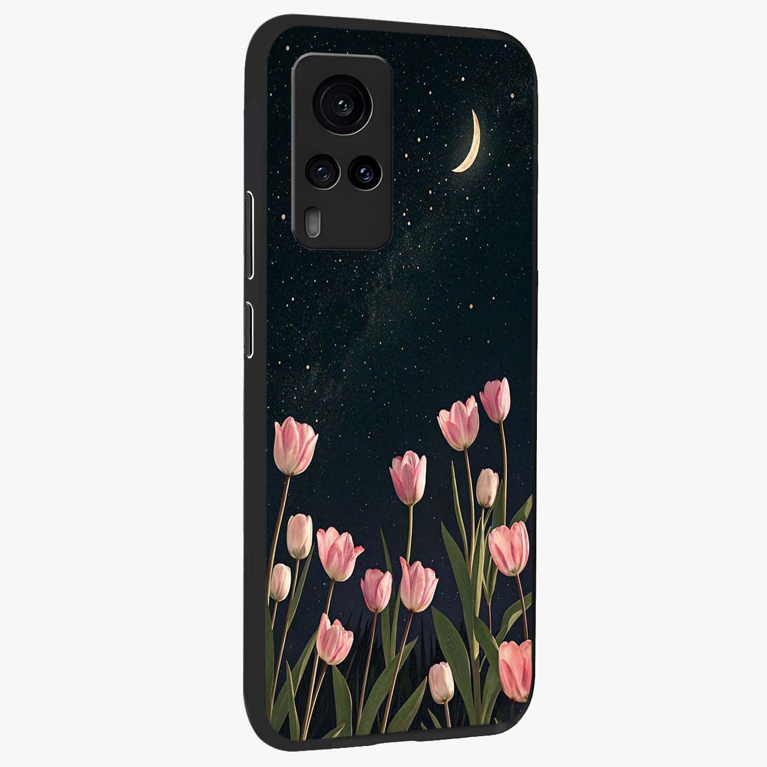 Midnight Tulip Whispers Vibe Glass Case upright view showcasing graceful tulip artwork with calm botanical theme.