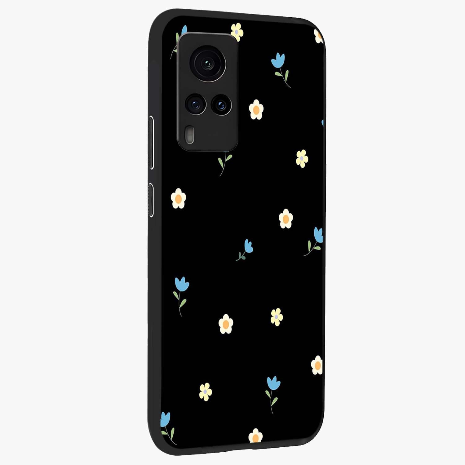 Minimal Petal Whispers Glass Case upright view showcasing elegant floral artwork with modern minimalist style.