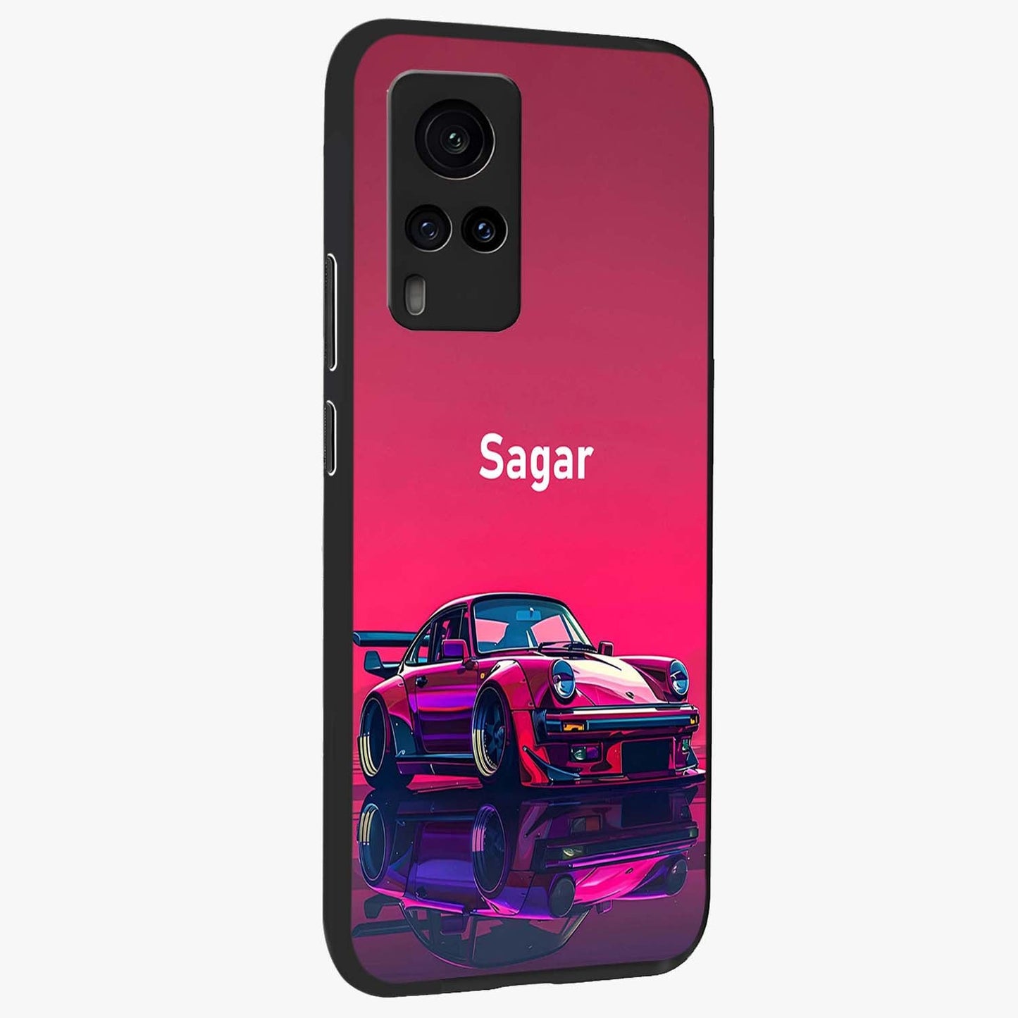 Neon Pink Porsche Glass Case upright view showcasing vibrant sports car artwork with bold automotive theme.