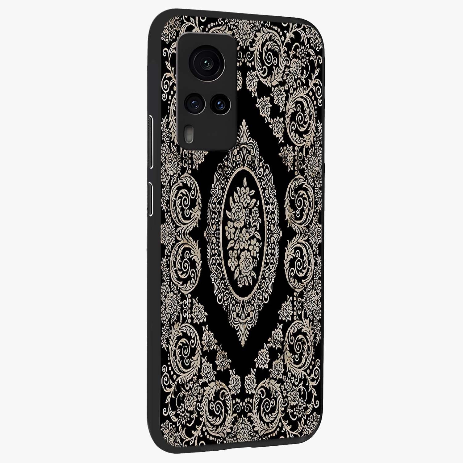 Noir Bloom Elegance Glass Case upright view showcasing graceful floral artwork with luxurious dark theme.