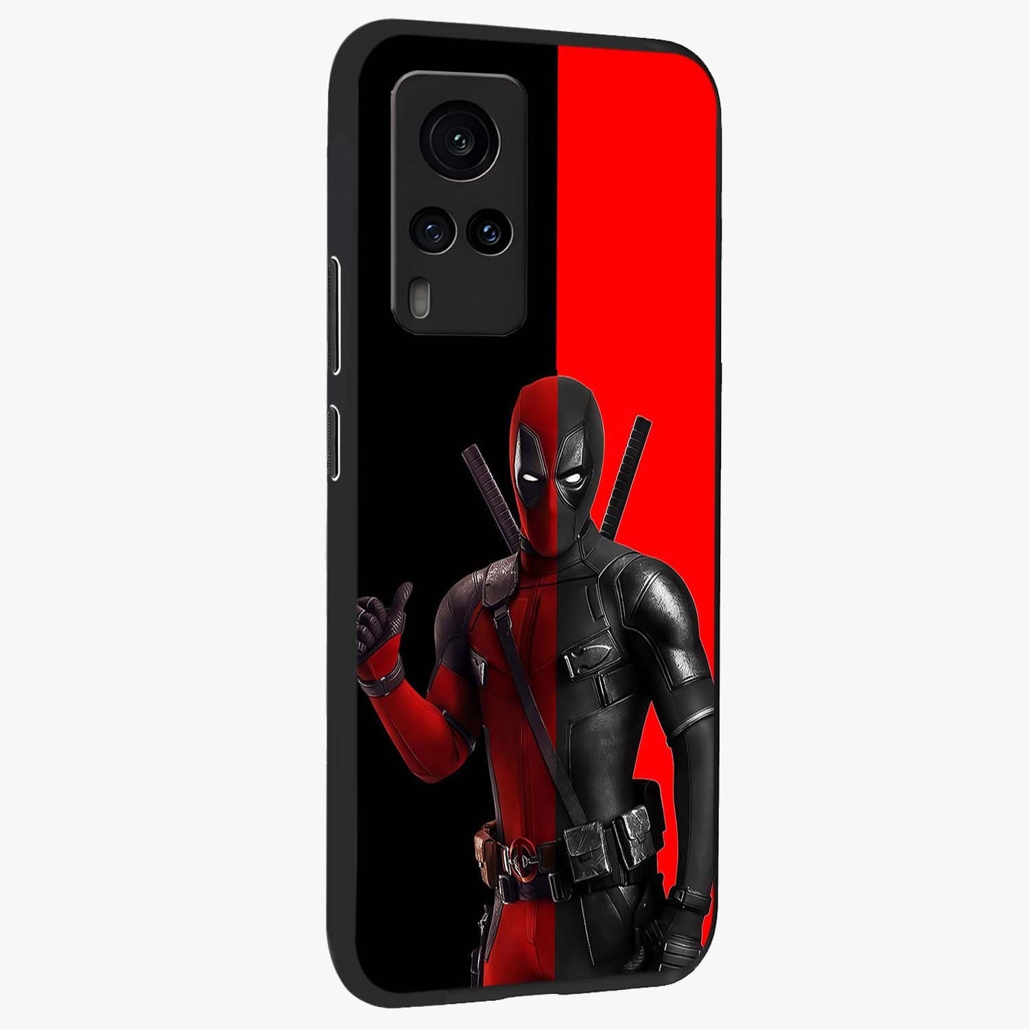 Red & Black Deadpool Theme Glass Case upright view showcasing energetic comic themed artwork with striking red and black design.