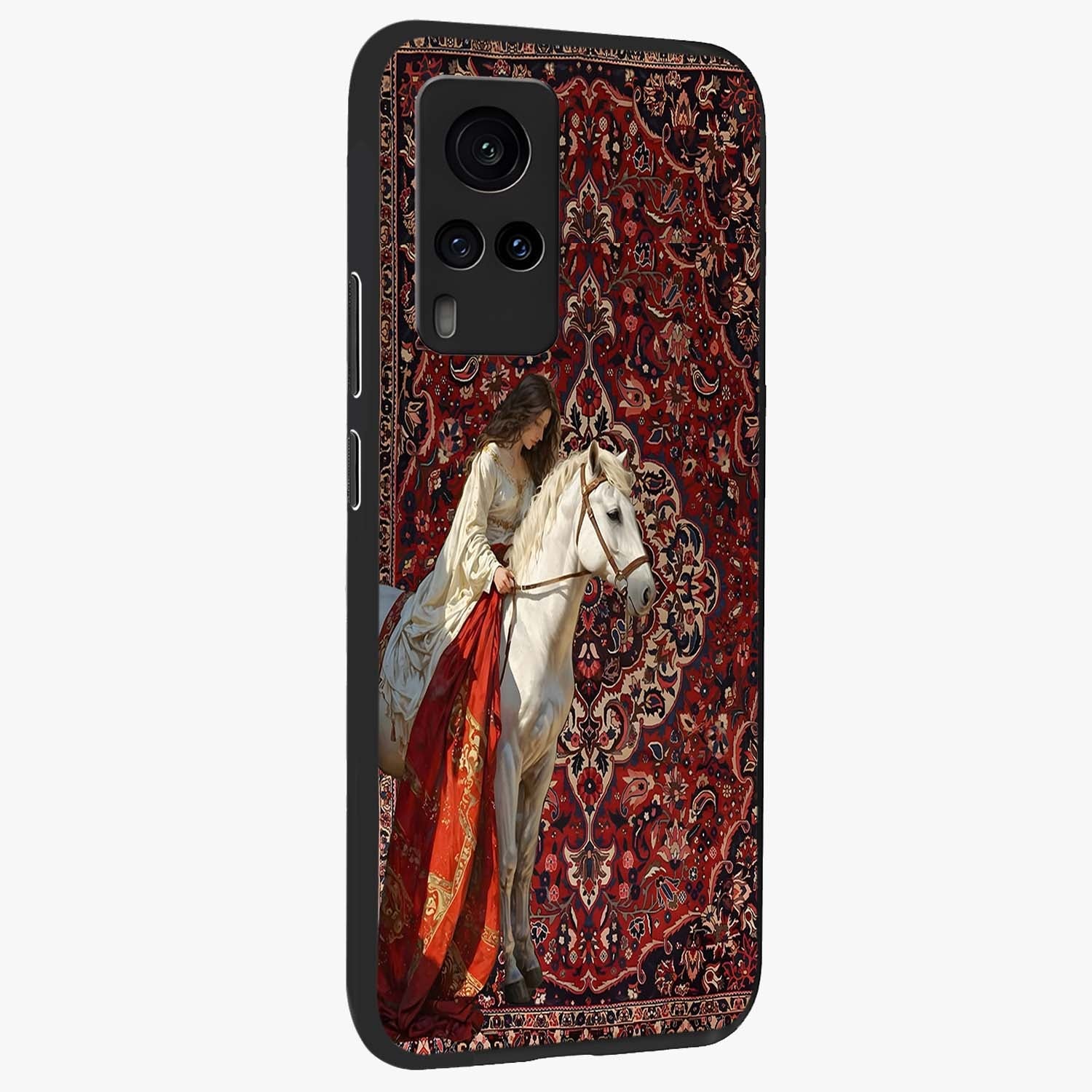 Royal Rider Tapestry Glass Case upright view showcasing detailed rider artwork with classic tapestry theme.