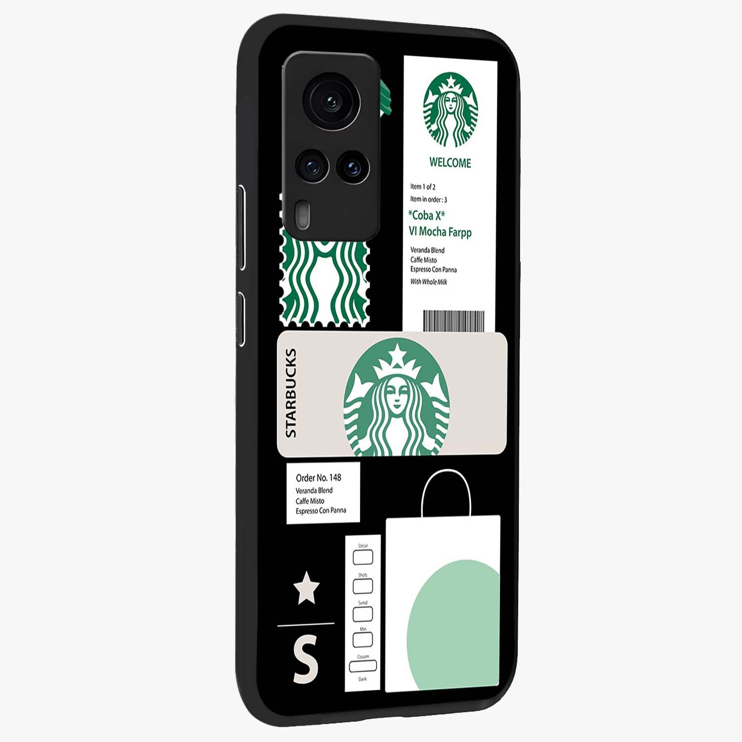 Starbucks Mocha Glass Case upright view showcasing trendy coffee inspired artwork with modern lifestyle theme.