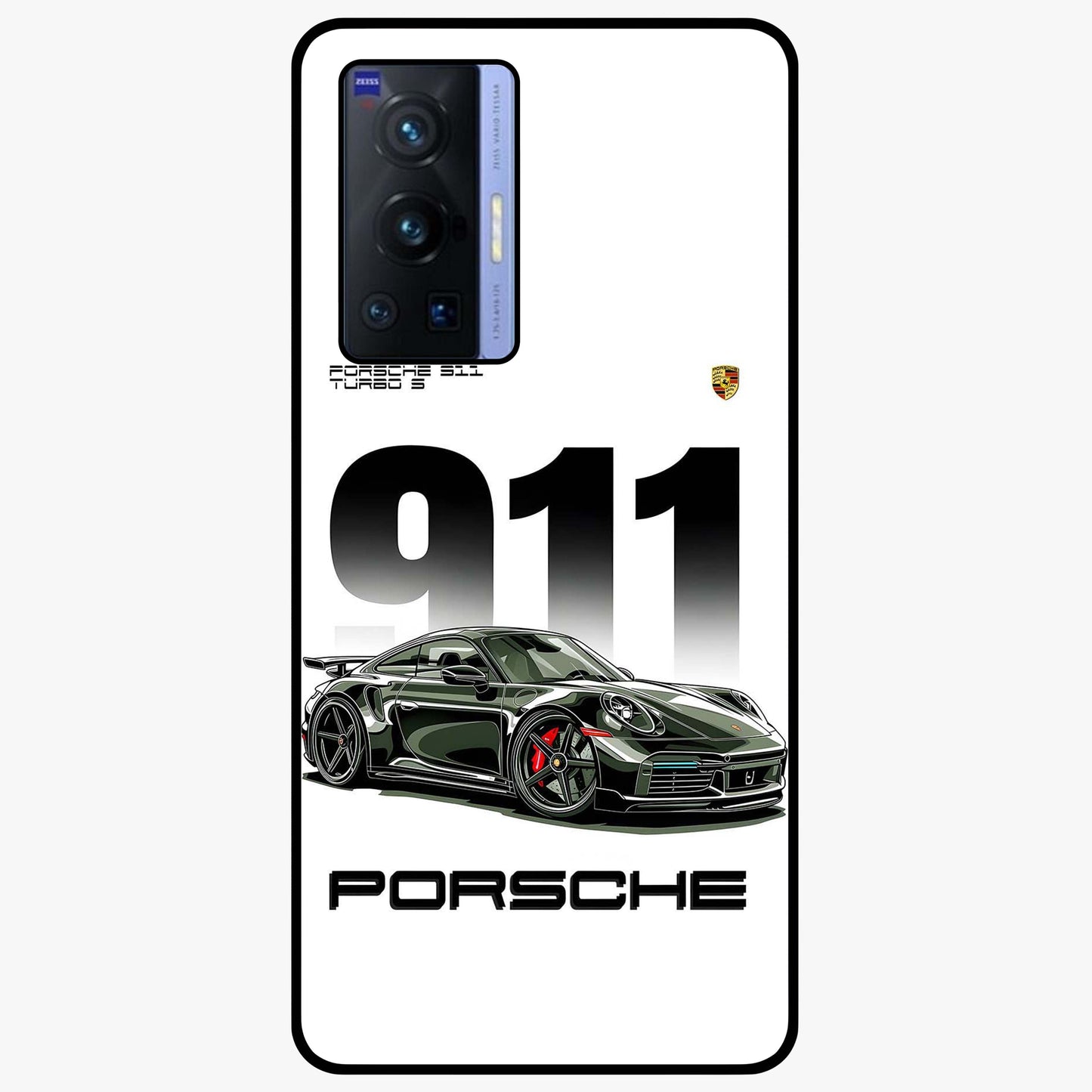 911 Turbo Dominance Glass Case showing clean flat back view with bold 911 sports car artwork and glossy glass finish.