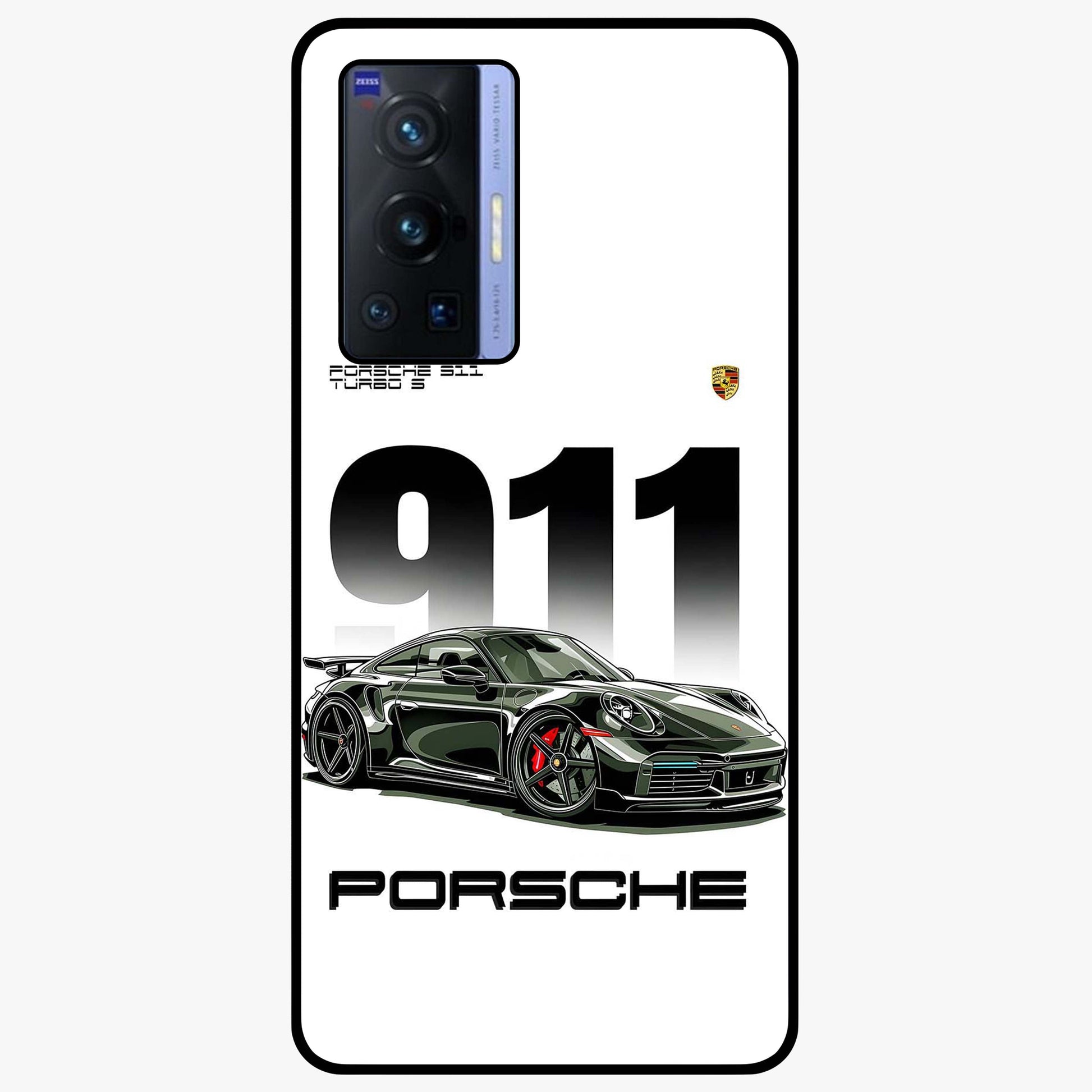 911 Turbo Dominance Glass Case showing clean flat back view with bold 911 sports car artwork and glossy glass finish.