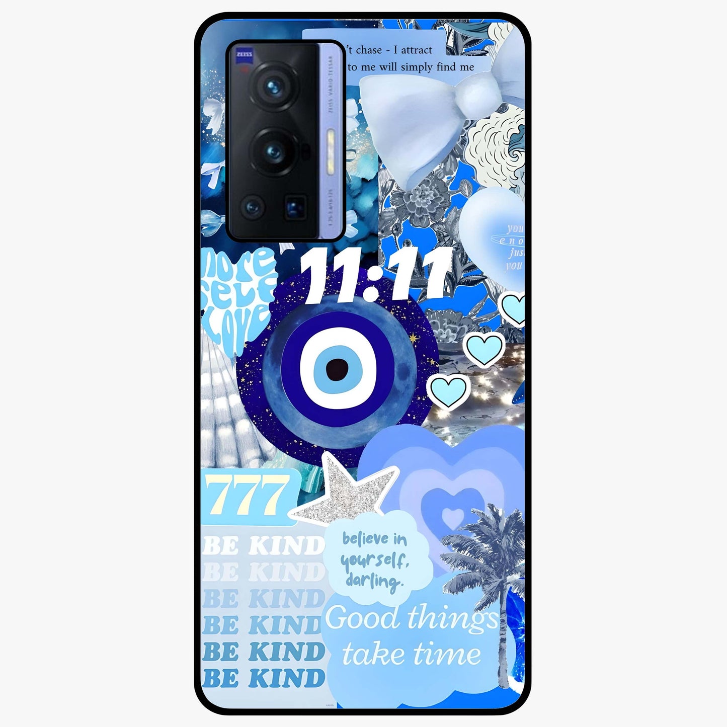 Aesthetic Be Kind Eye Glass Case showing flat back view with motivational eye artwork and glossy glass finish.