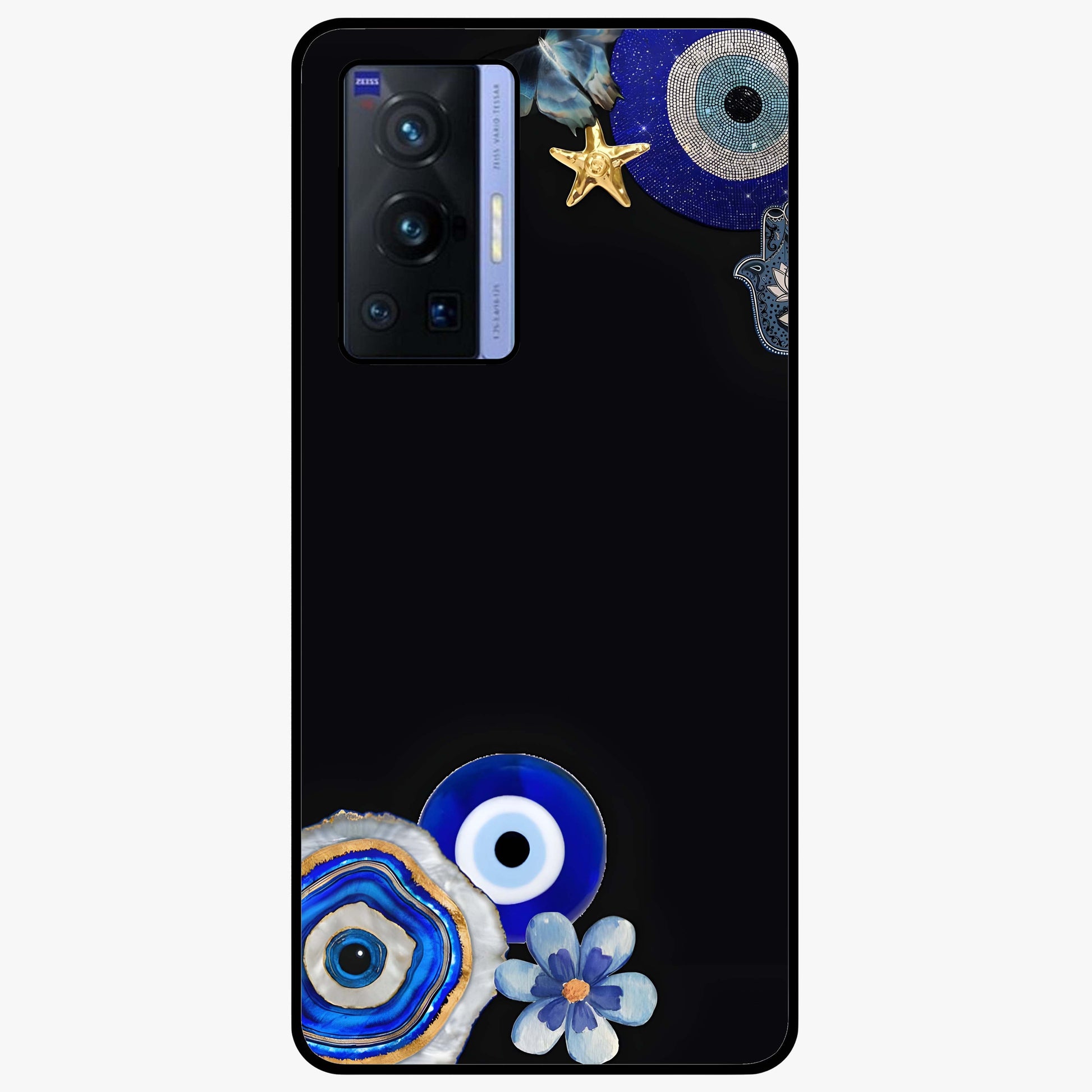 Aesthetic Blue Evil Eye Glass Case showing flat back view with protective evil eye artwork and glossy glass finish.