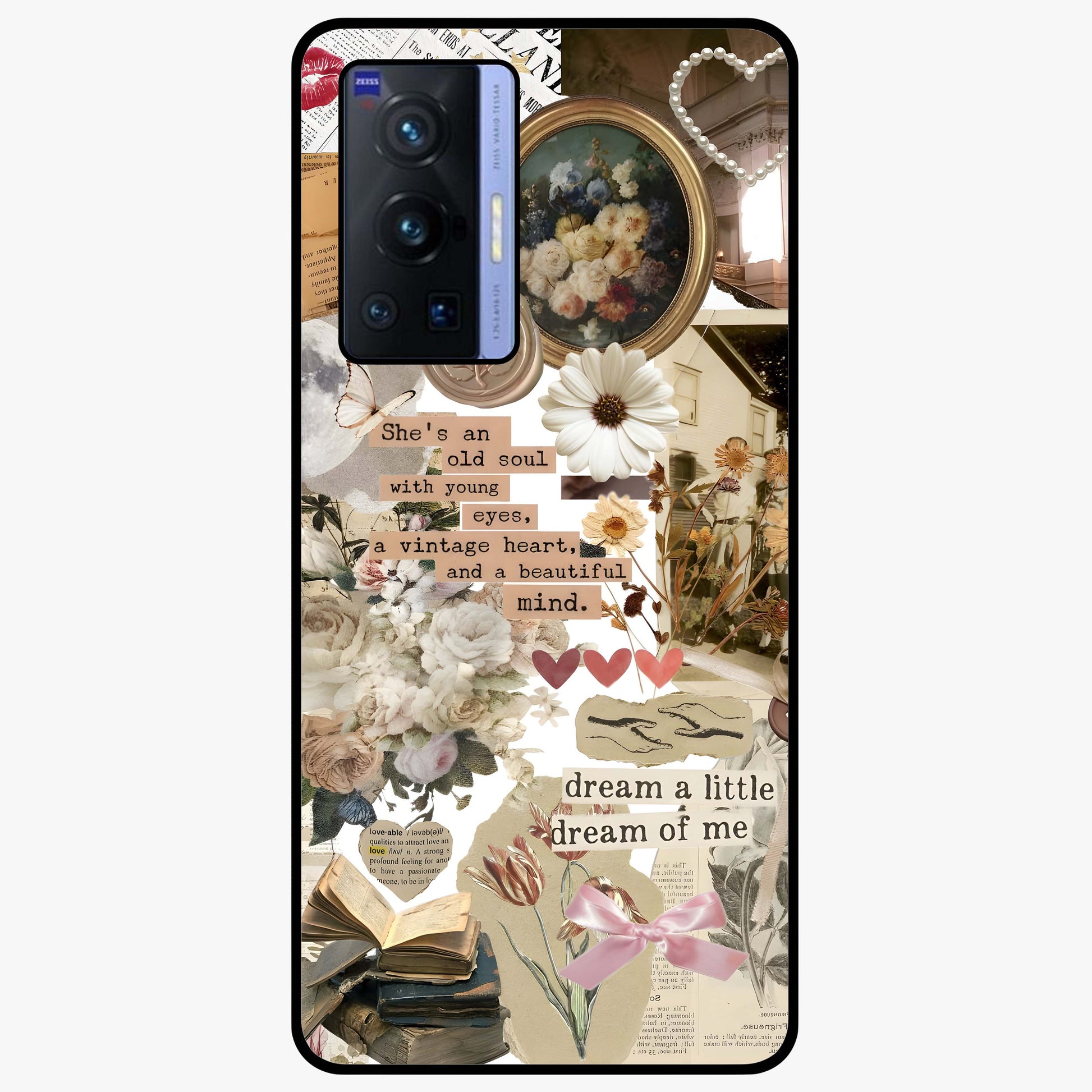 Aesthetic Brown Vintage Collage Glass Case showing flat back view with retro collage artwork and glossy glass finish.