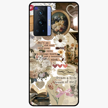 Aesthetic Brown Vintage Collage Glass Case showing flat back view with retro collage artwork and glossy glass finish.