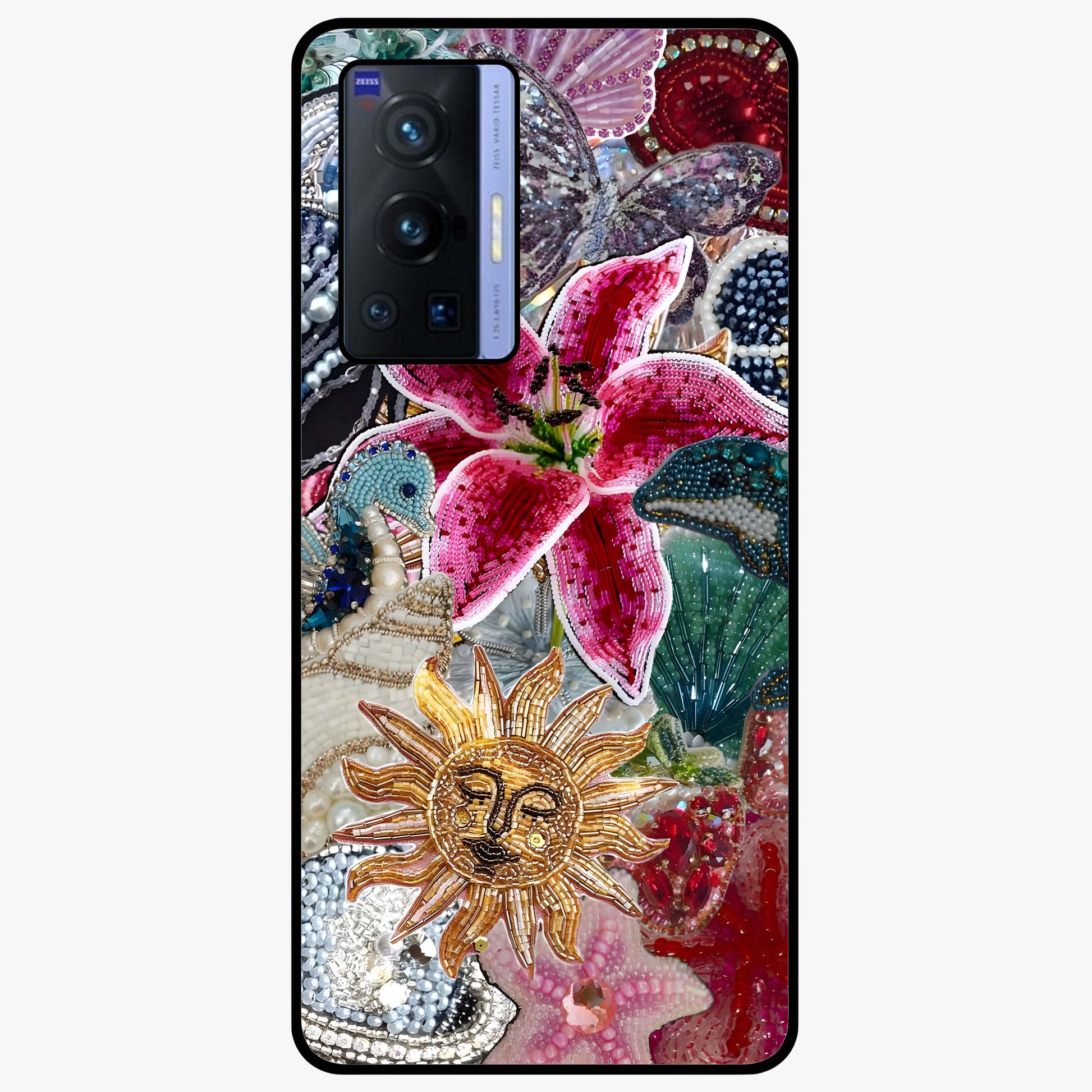 Beaded Garden Fantasy Glass Case showing flat back view with dreamy garden bead artwork and glossy glass finish.