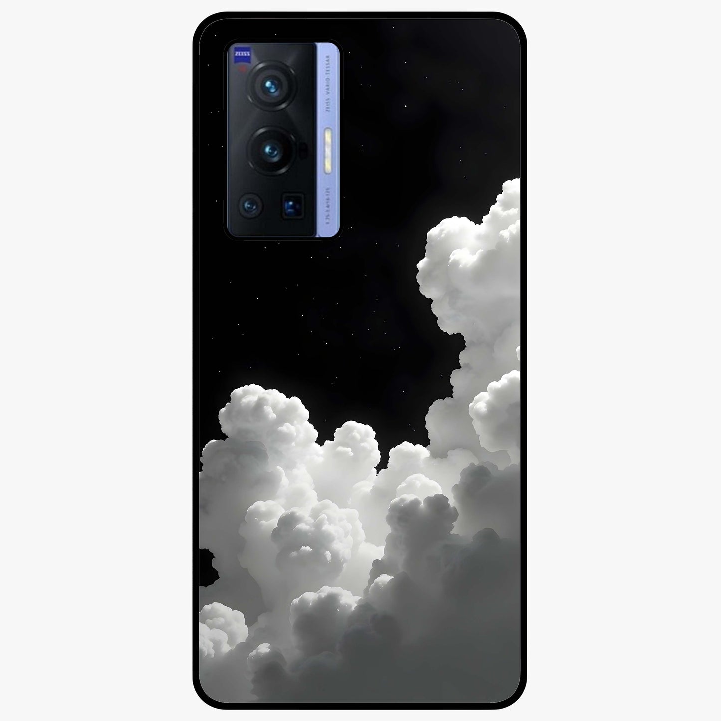 Black Background With White Cloud Glass Case showing flat back view with minimal cloud artwork on dark background and glossy glass finish.